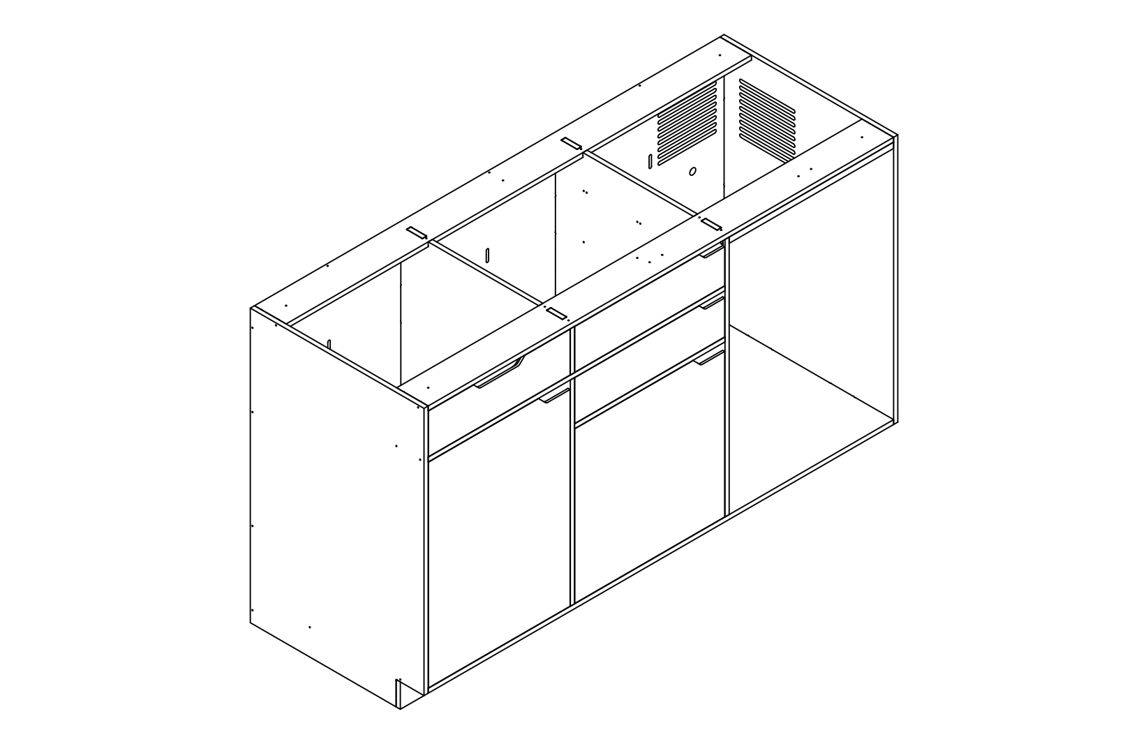 Isometric line drawing of The Vansmith DIY Three unit Kitchen Galley (CR130) base, featuring two pull-out drawers, a single-door section, an open storage area, and a countertop sink cutout.