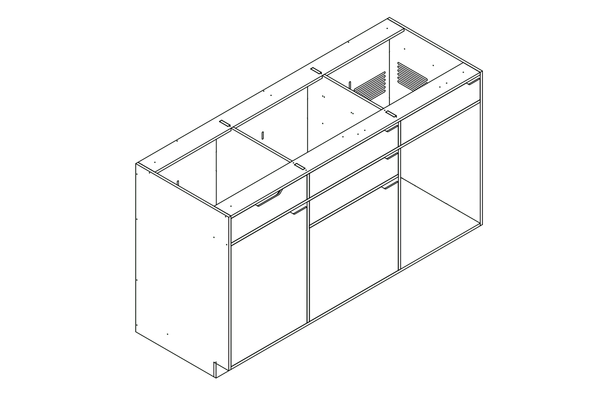 Isometric line drawing of The Vansmith DIY Three unit Kitchen Galley (CR85) base cabinet, featuring three compartments, two drawers, and open spaces for appliances or storage—shown without countertops or cabinet doors.