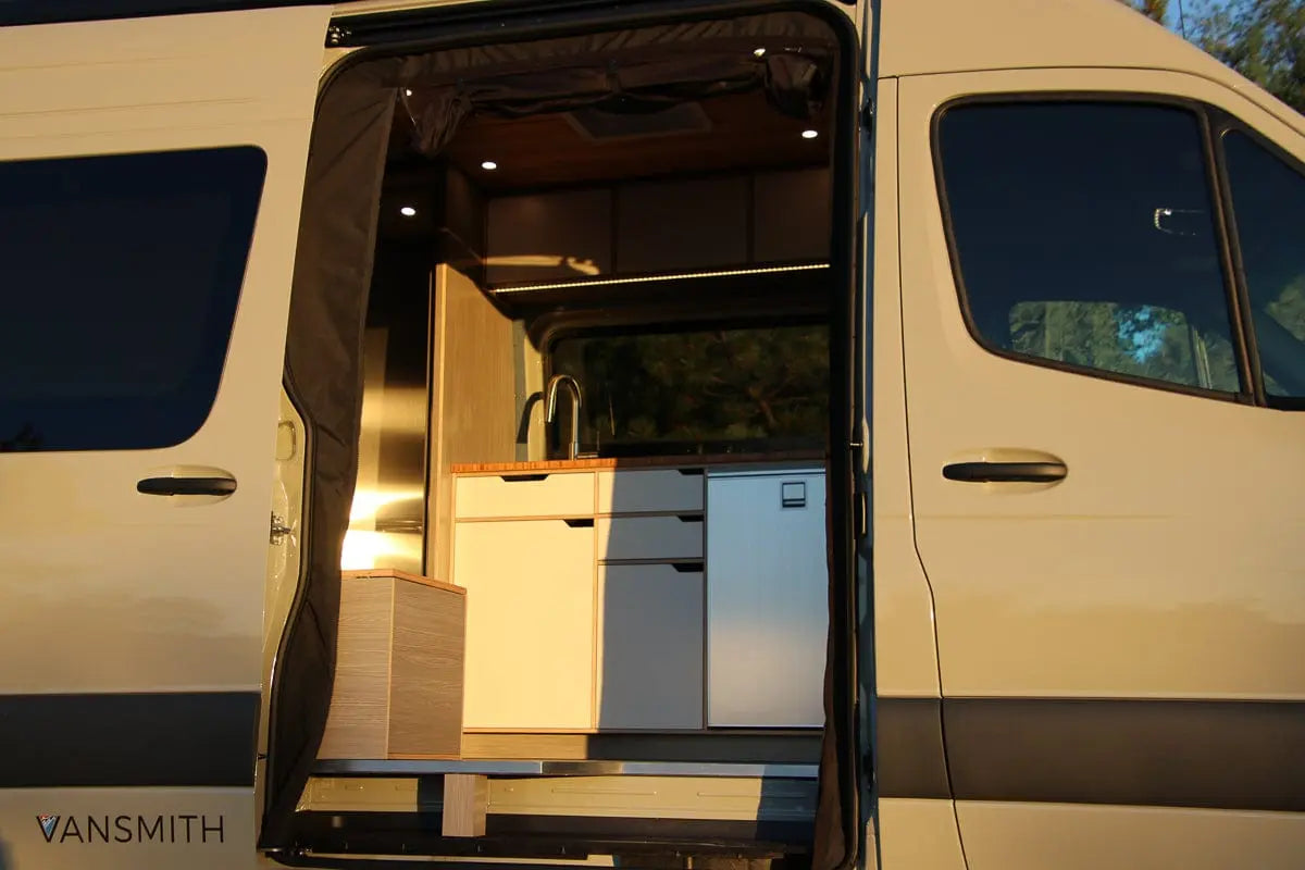 View of Kitchen Galley Through Open Sliding Door of The Vansmith Family XLS Van Conversion