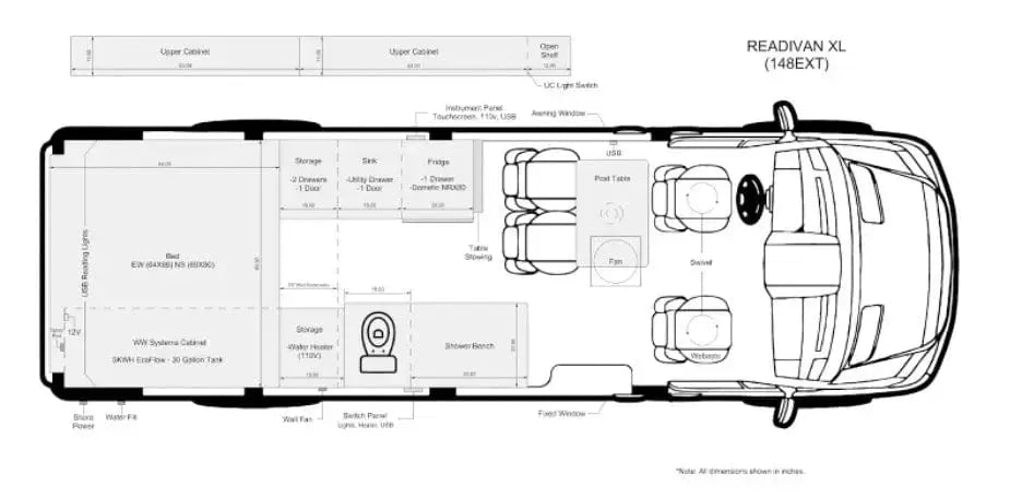 Layout of FAMILY XL PLUS Ford Transit AWD Conversion Van for Sale in Boulder, Colorado – The Vansmith