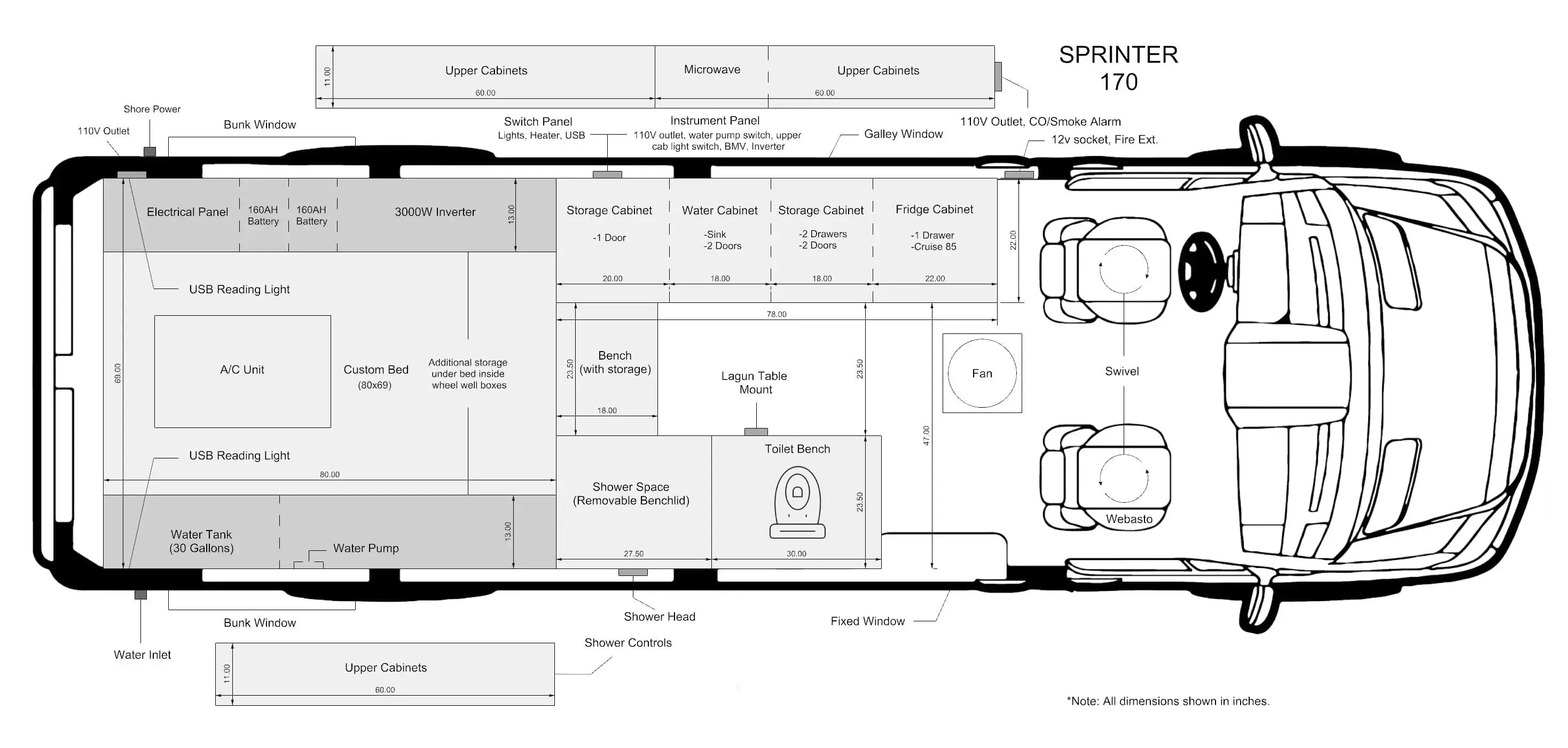 Interior Layout of Legacy DUO XL PLUS Sprinter 170 Conversion for Sale in Boulder, Colorado – The Vansmith