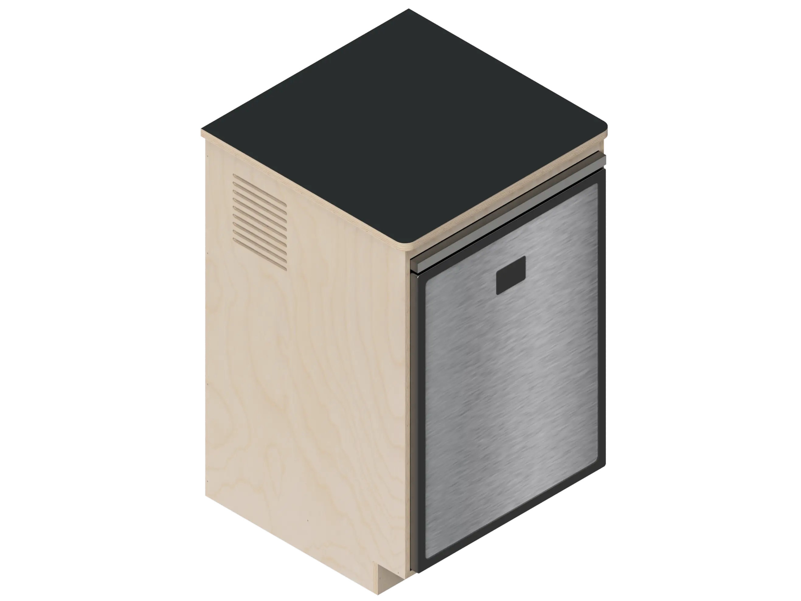A simple isometric line drawing illustrates The Vansmith DIY Single unit Refrigerator Galley (CR130), featuring an open side and rear vent, ideal for standalone use or seamless van fridge cabinet integration.