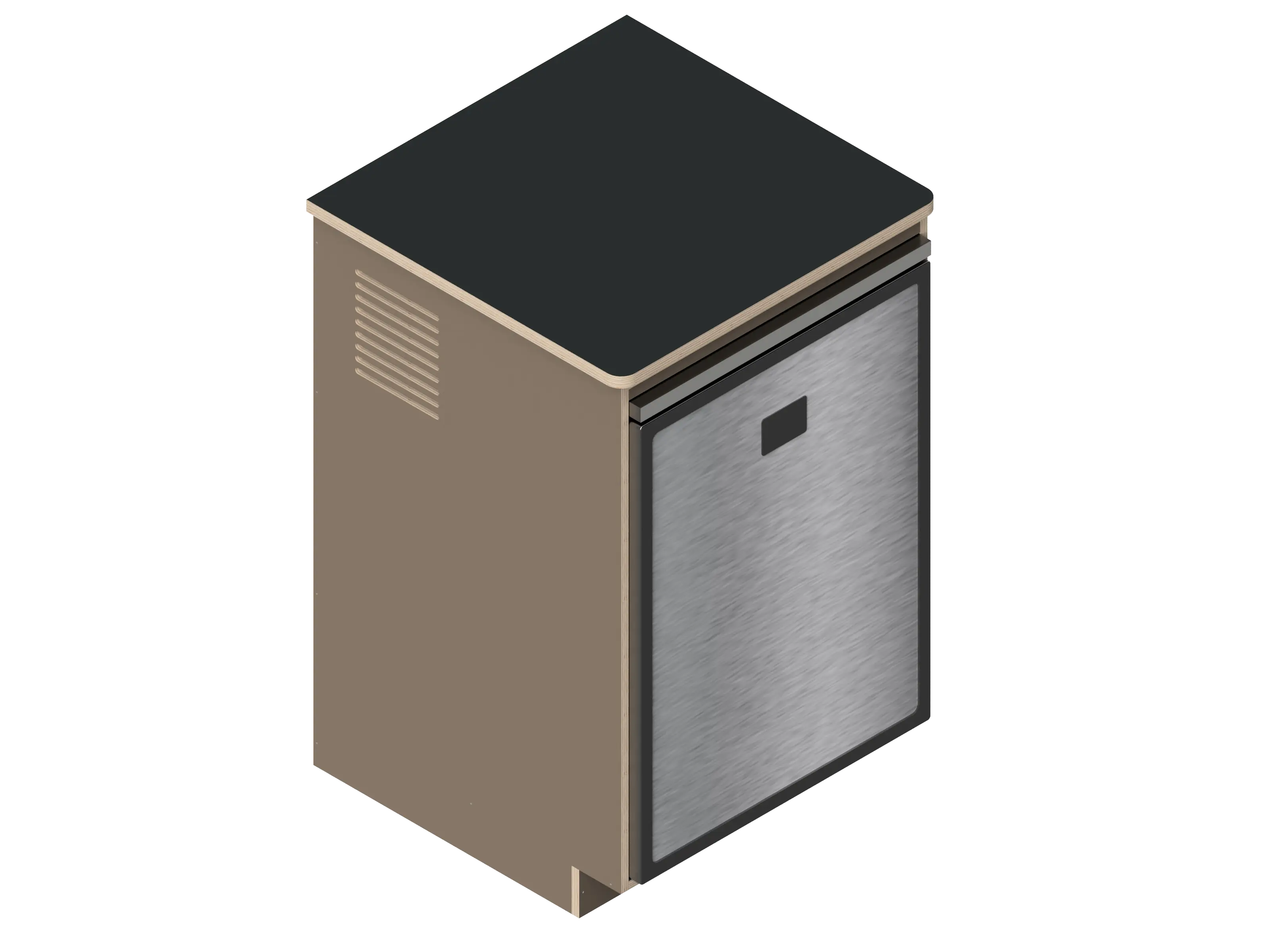 A simple isometric line drawing illustrates The Vansmith DIY Single unit Refrigerator Galley (CR130), featuring an open side and rear vent, ideal for standalone use or seamless van fridge cabinet integration.