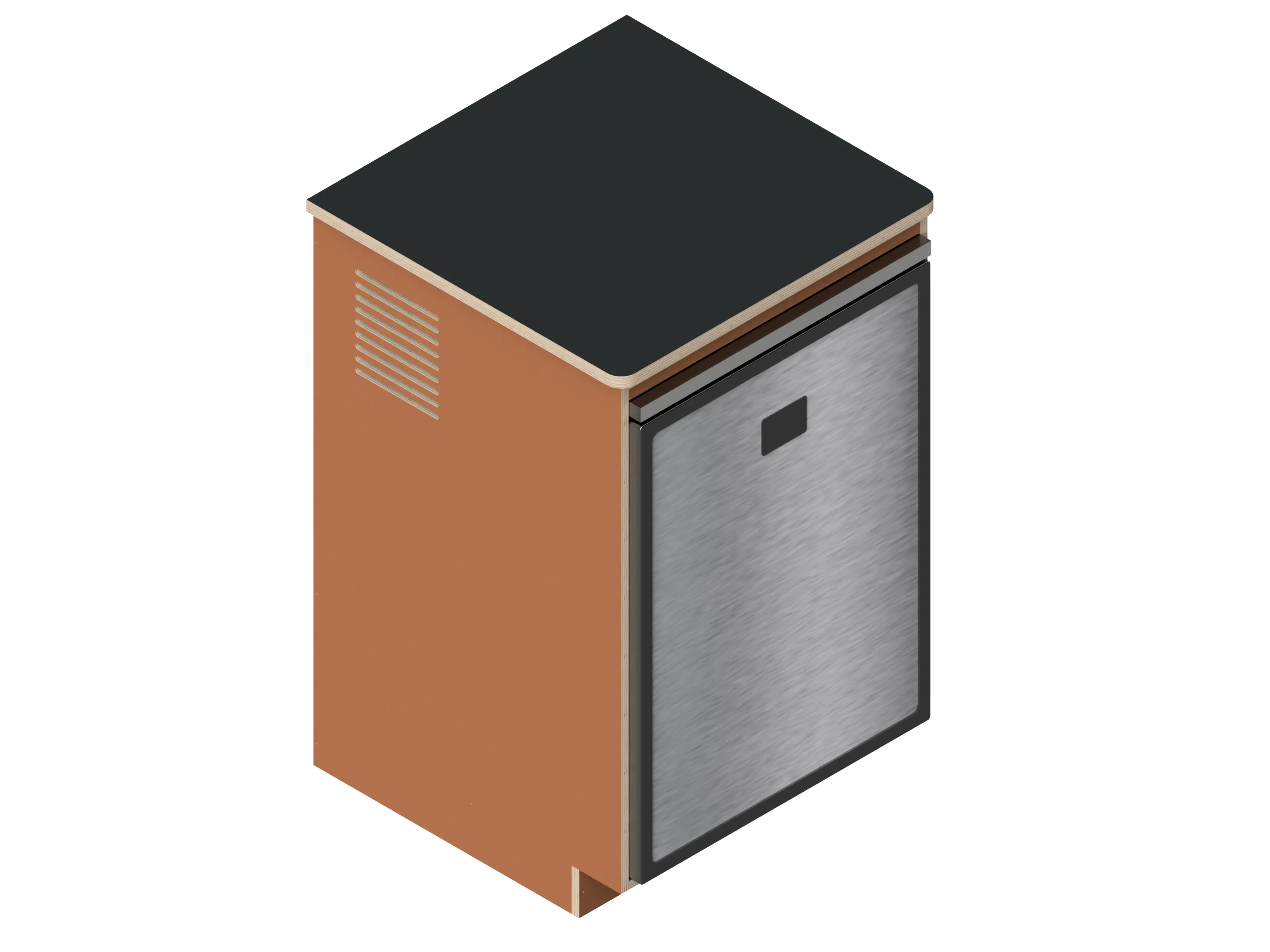 A simple isometric line drawing illustrates The Vansmith DIY Single unit Refrigerator Galley (CR130), featuring an open side and rear vent, ideal for standalone use or seamless van fridge cabinet integration.