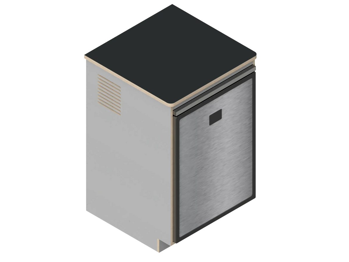 A simple isometric line drawing illustrates The Vansmith DIY Single unit Refrigerator Galley (CR130), featuring an open side and rear vent, ideal for standalone use or seamless van fridge cabinet integration.