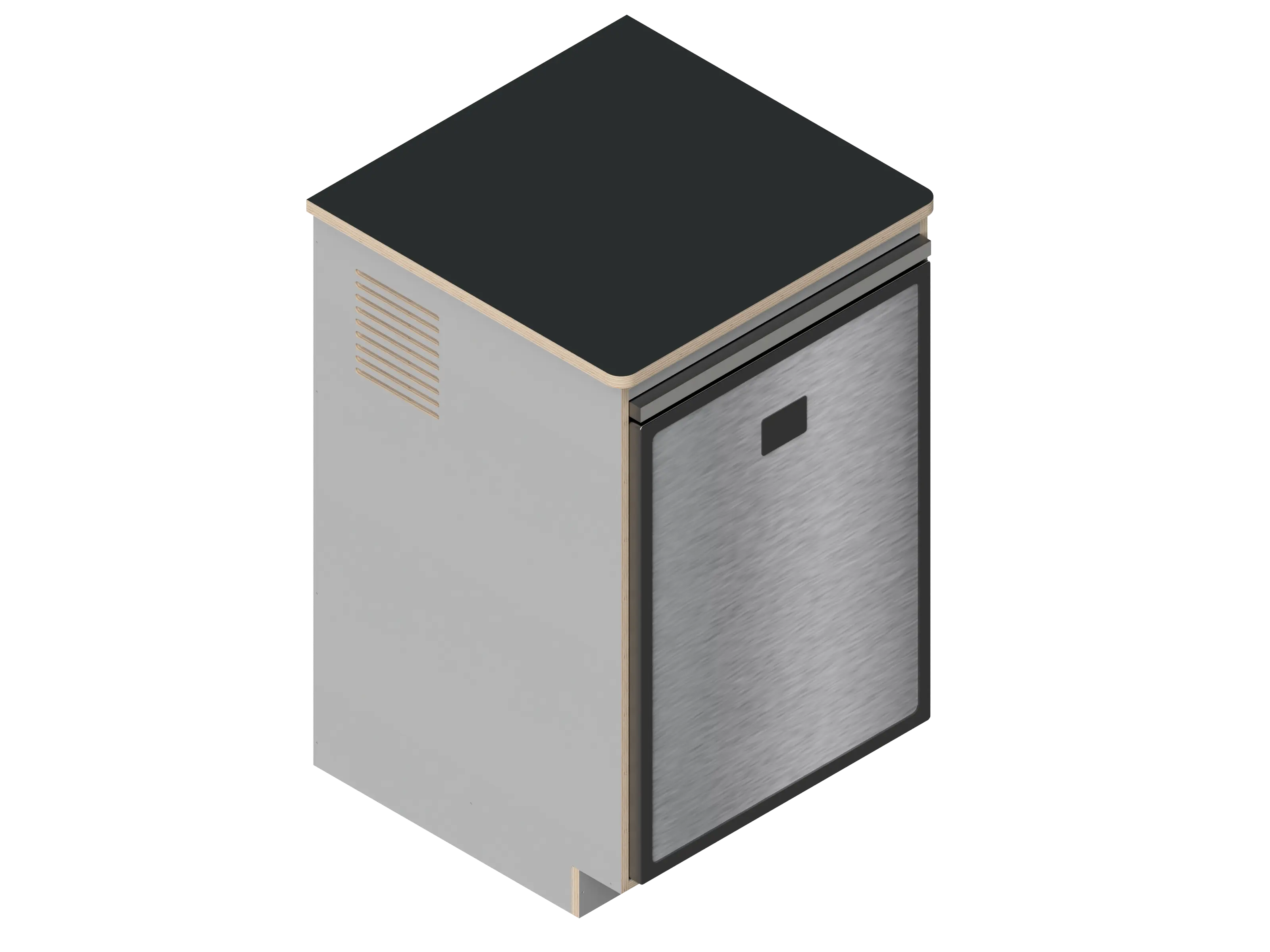 A simple isometric line drawing illustrates The Vansmith DIY Single unit Refrigerator Galley (CR130), featuring an open side and rear vent, ideal for standalone use or seamless van fridge cabinet integration.