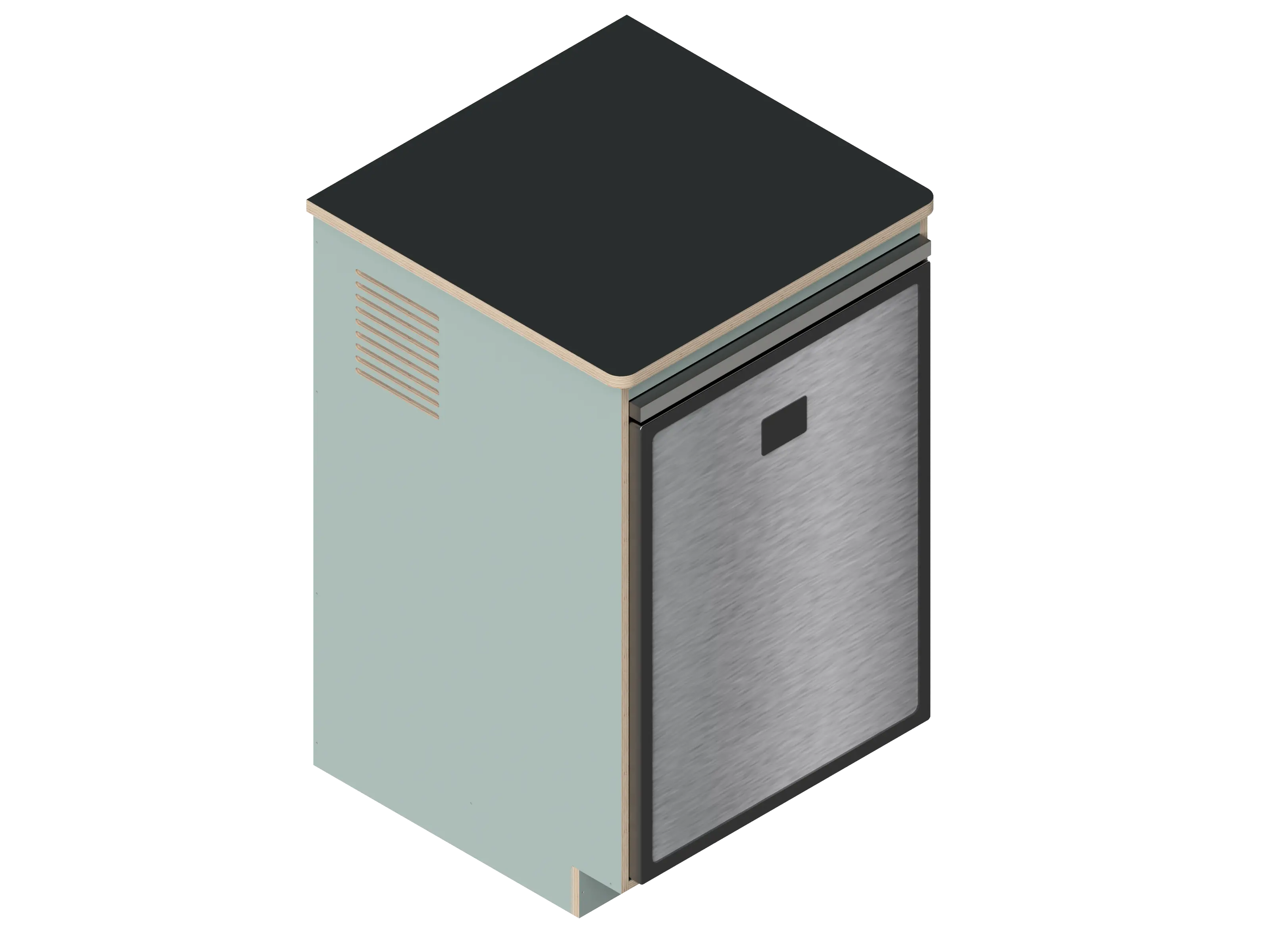 A simple isometric line drawing illustrates The Vansmith DIY Single unit Refrigerator Galley (CR130), featuring an open side and rear vent, ideal for standalone use or seamless van fridge cabinet integration.