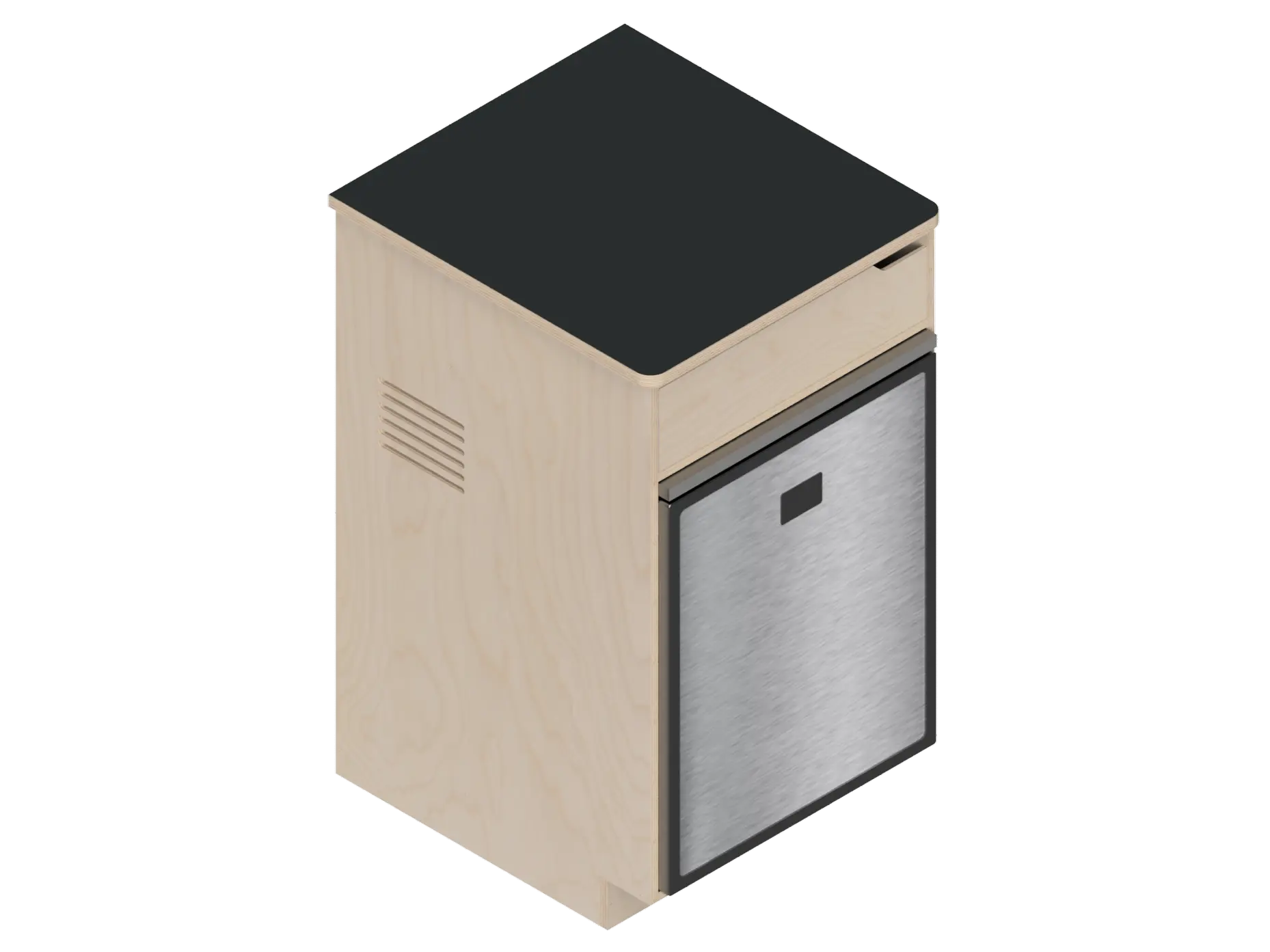 Isometric line drawing of The Vansmith DIY Single Unit Refrigerator Galley (CR85), a rectangular metal box with open front, side vent, and top square cutout—ideal for Van Refrigerator integration or as a standalone fridge cabinet with storage.