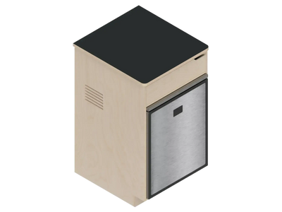 Isometric line drawing of The Vansmith DIY Single Unit Refrigerator Galley (CR85), a rectangular metal box with open front, side vent, and top square cutout—ideal for Van Refrigerator integration or as a standalone fridge cabinet with storage.