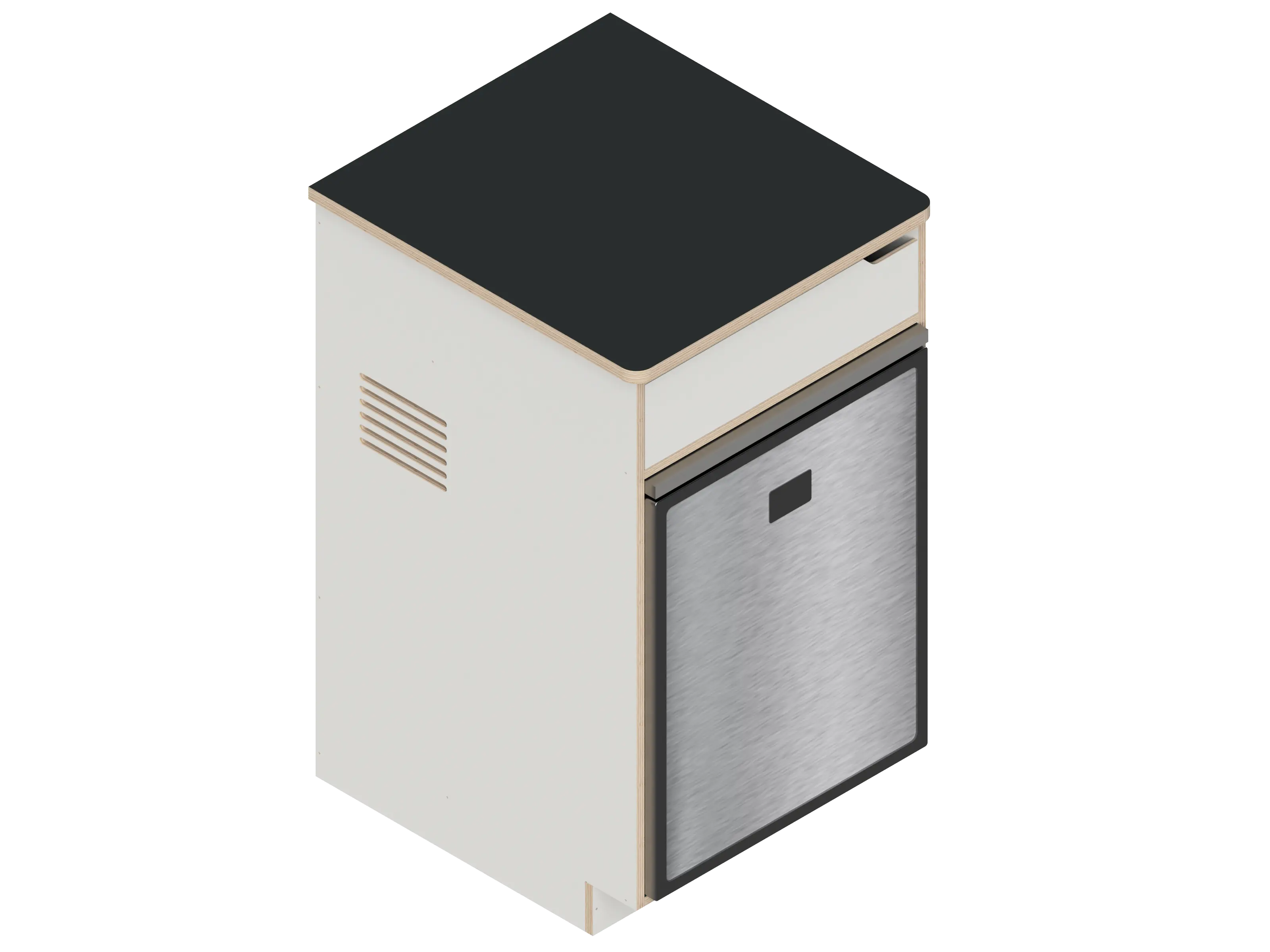 Isometric line drawing of The Vansmith DIY Single Unit Refrigerator Galley (CR85), a rectangular metal box with open front, side vent, and top square cutout—ideal for Van Refrigerator integration or as a standalone fridge cabinet with storage.