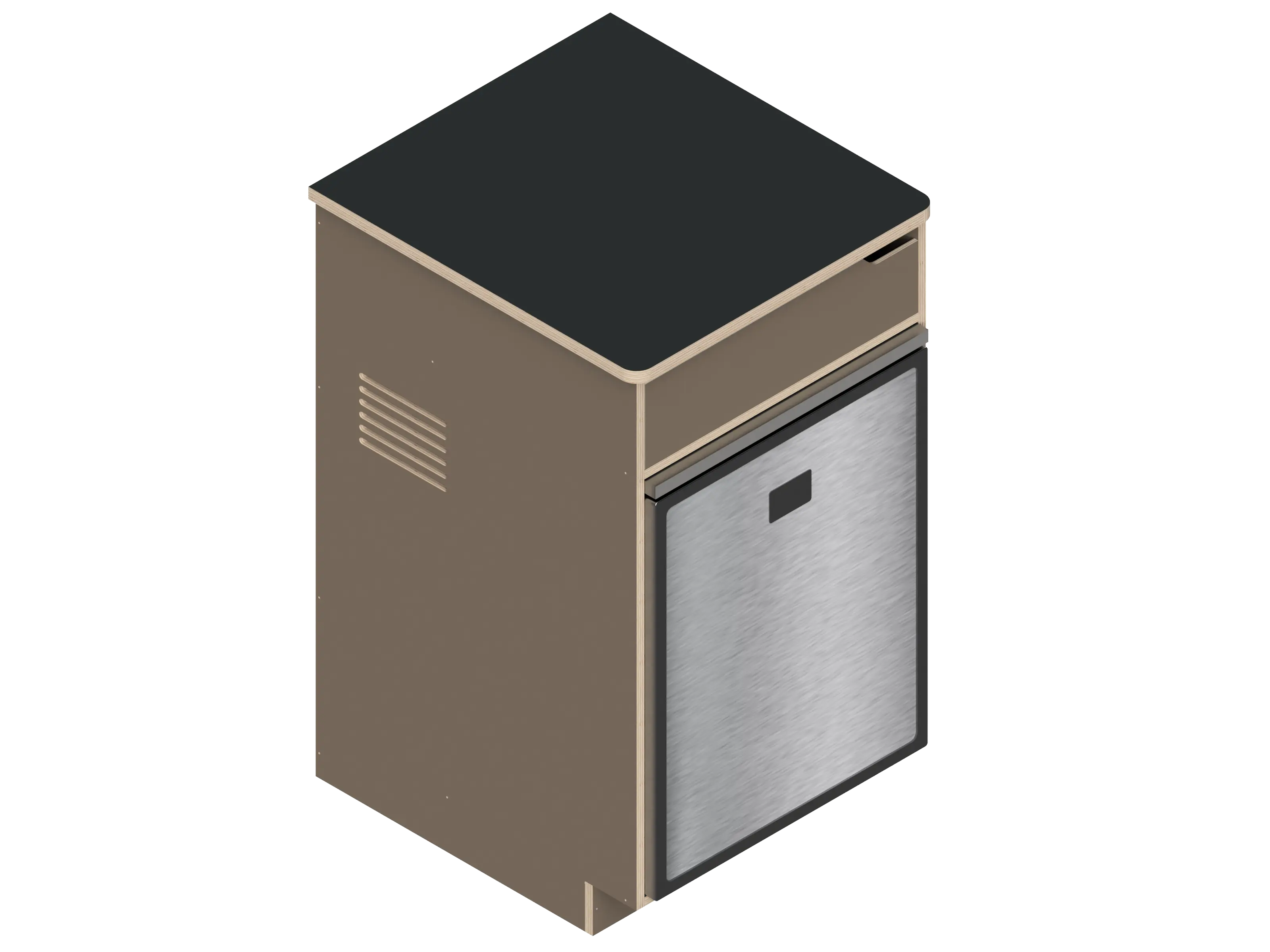 Isometric line drawing of The Vansmith DIY Single Unit Refrigerator Galley (CR85), a rectangular metal box with open front, side vent, and top square cutout—ideal for Van Refrigerator integration or as a standalone fridge cabinet with storage.