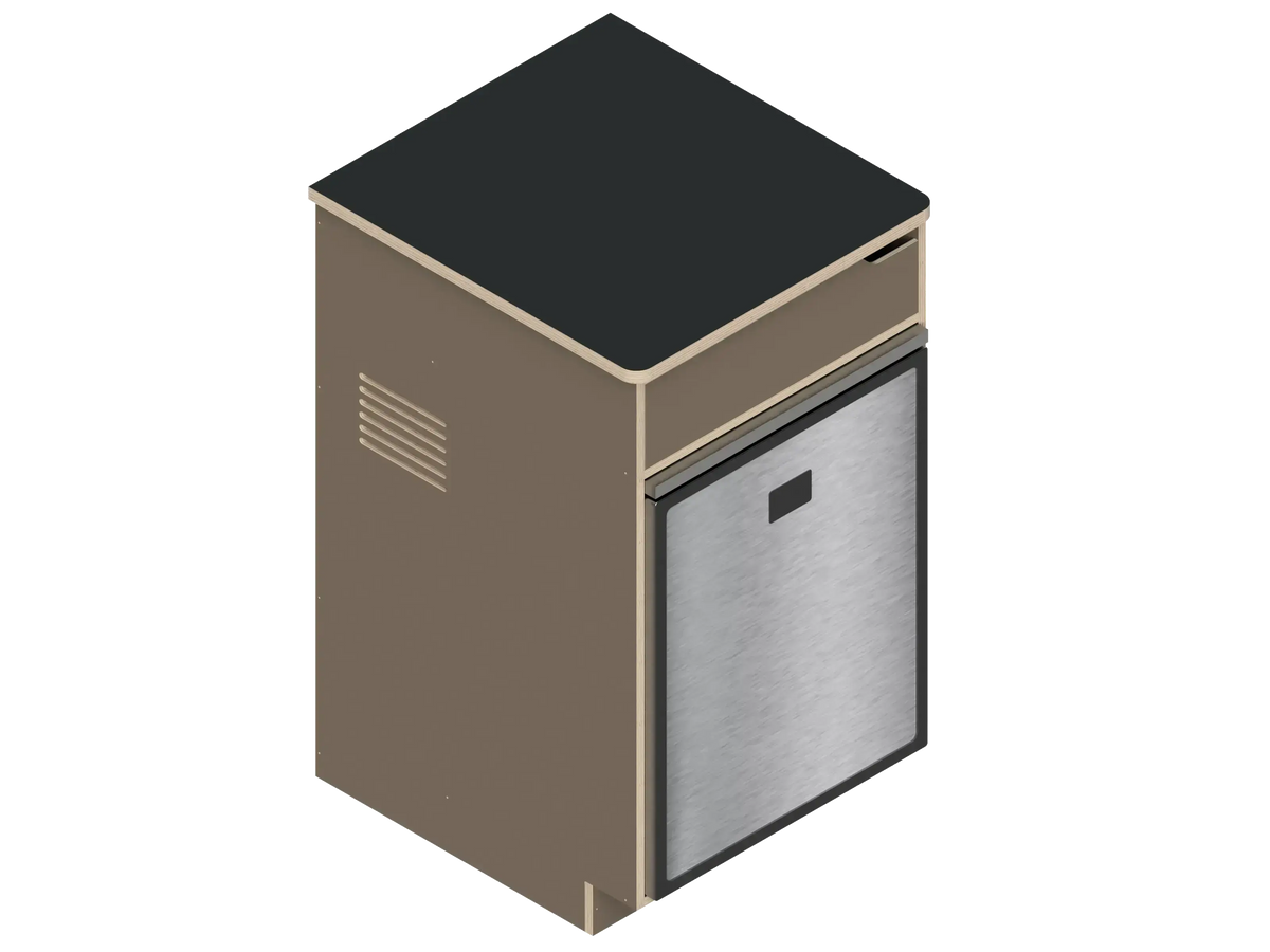 Isometric line drawing of The Vansmith DIY Single Unit Refrigerator Galley (CR85), a rectangular metal box with open front, side vent, and top square cutout—ideal for Van Refrigerator integration or as a standalone fridge cabinet with storage.