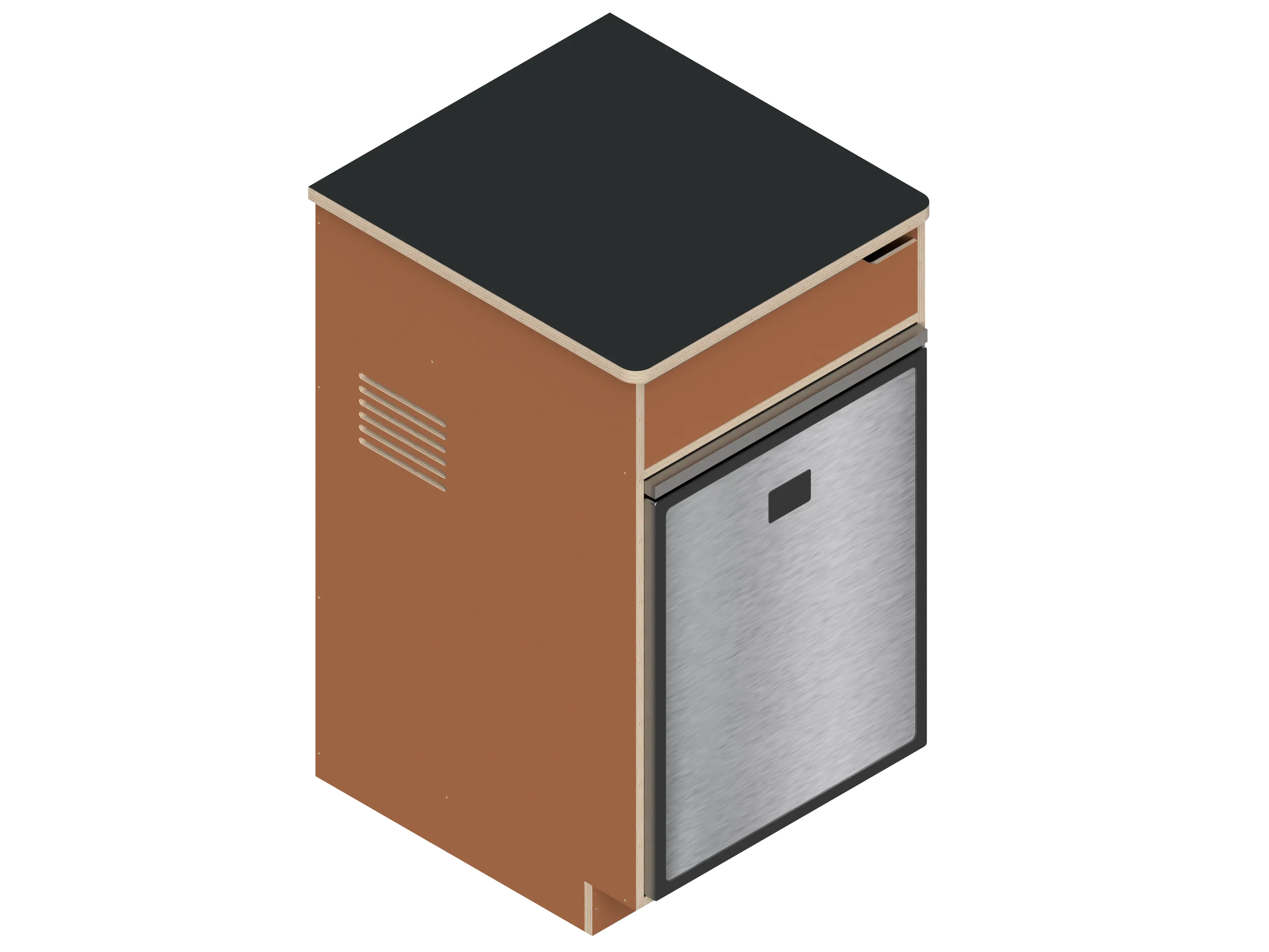 Isometric line drawing of The Vansmith DIY Single Unit Refrigerator Galley (CR85), a rectangular metal box with open front, side vent, and top square cutout—ideal for Van Refrigerator integration or as a standalone fridge cabinet with storage.