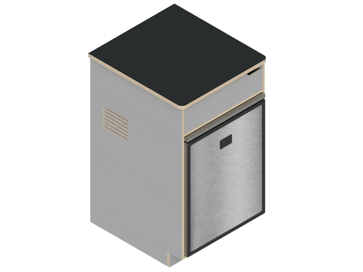 Isometric line drawing of The Vansmith DIY Single Unit Refrigerator Galley (CR85), a rectangular metal box with open front, side vent, and top square cutout—ideal for Van Refrigerator integration or as a standalone fridge cabinet with storage.