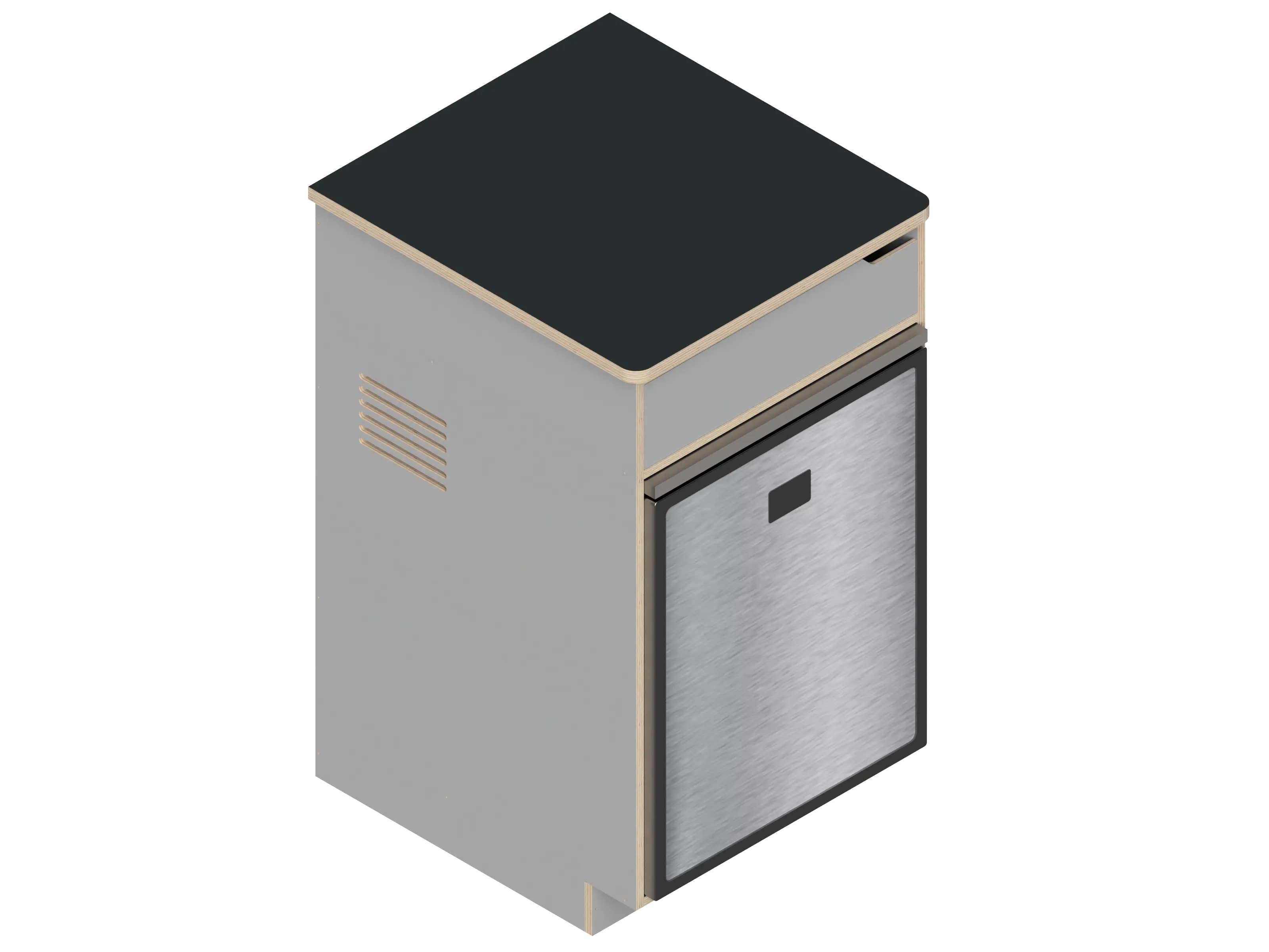 Isometric line drawing of The Vansmith DIY Single Unit Refrigerator Galley (CR85), a rectangular metal box with open front, side vent, and top square cutout—ideal for Van Refrigerator integration or as a standalone fridge cabinet with storage.