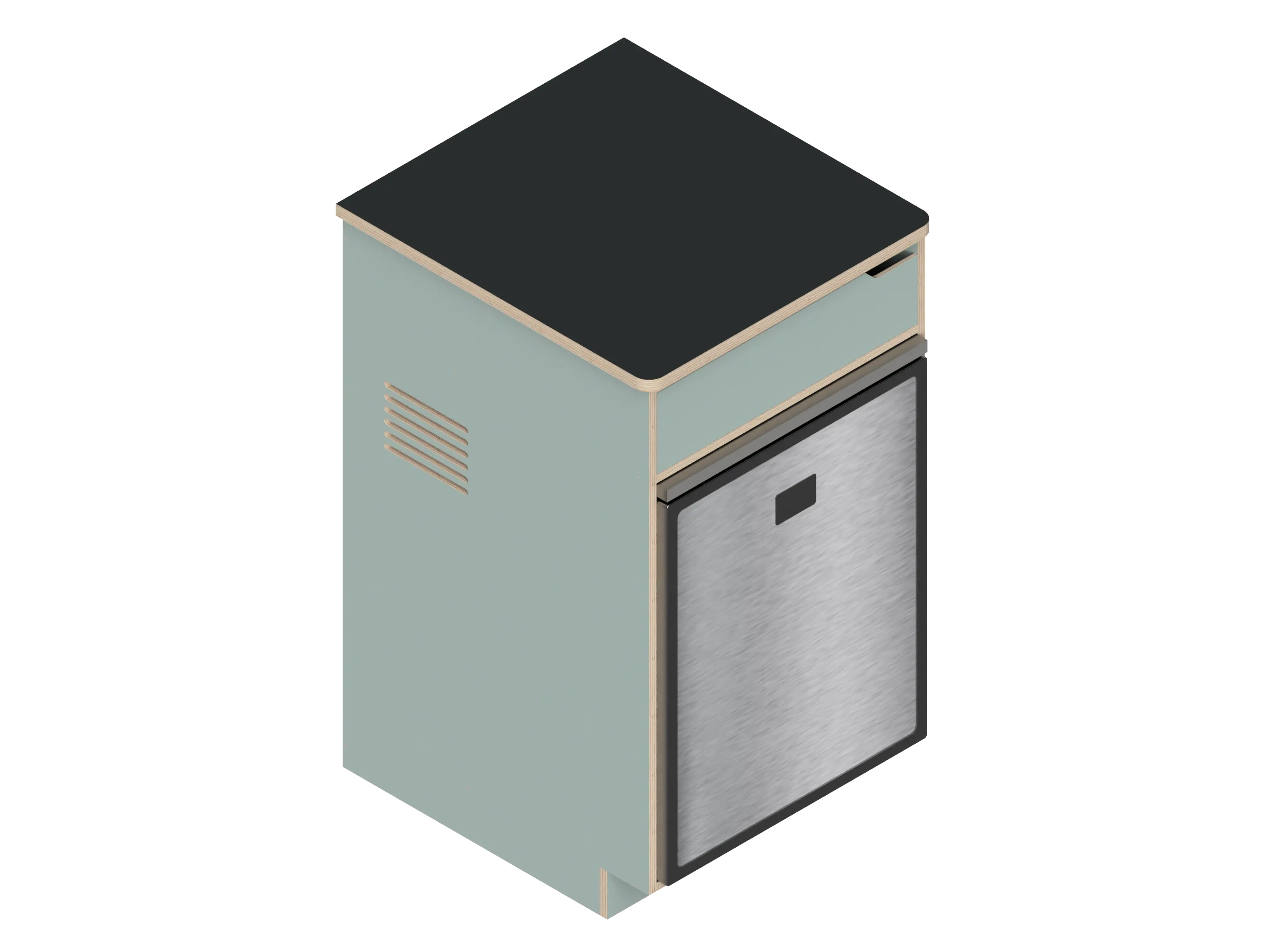Isometric line drawing of The Vansmith DIY Single Unit Refrigerator Galley (CR85), a rectangular metal box with open front, side vent, and top square cutout—ideal for Van Refrigerator integration or as a standalone fridge cabinet with storage.