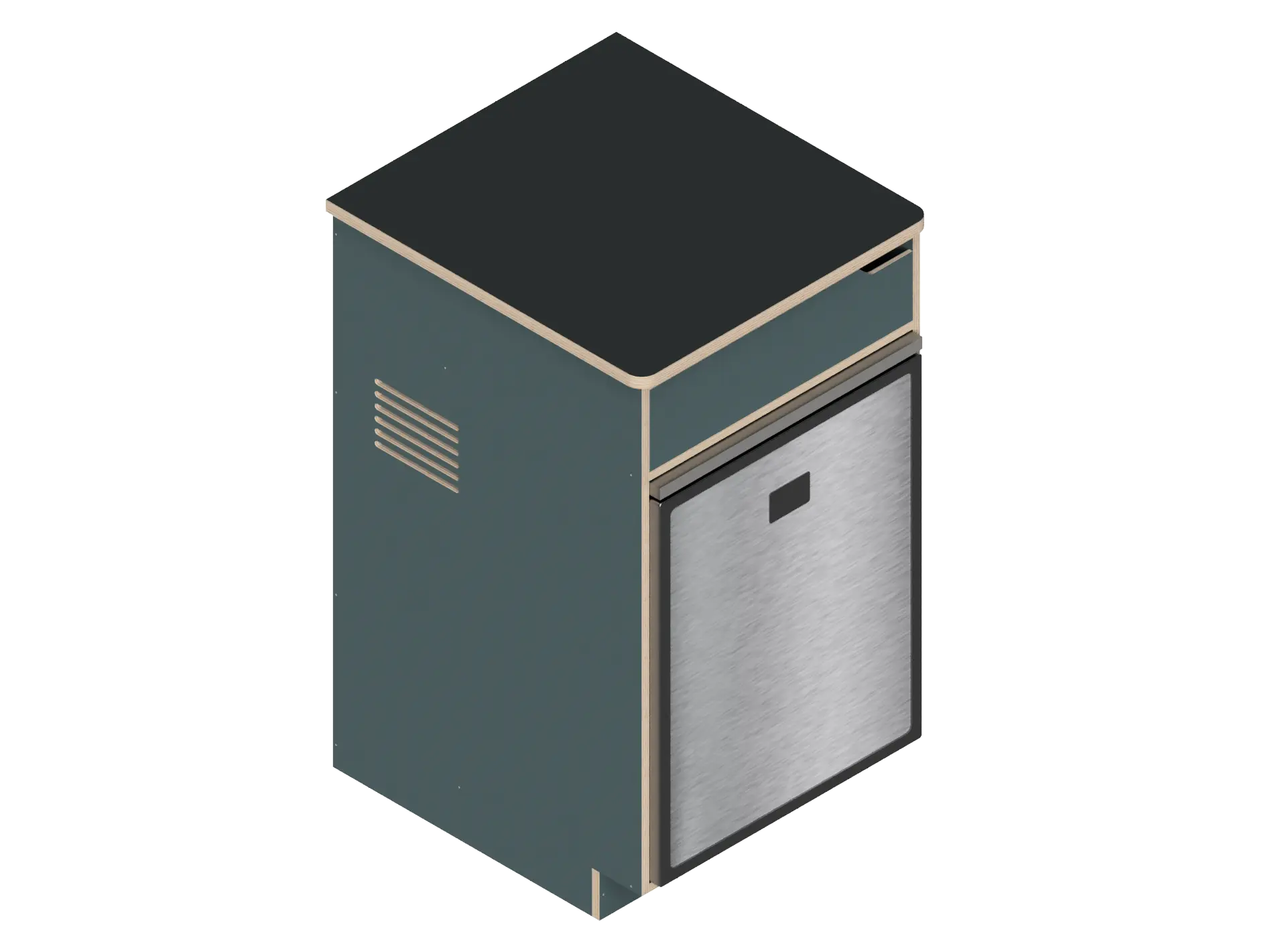 Isometric line drawing of The Vansmith DIY Single Unit Refrigerator Galley (CR85), a rectangular metal box with open front, side vent, and top square cutout—ideal for Van Refrigerator integration or as a standalone fridge cabinet with storage.