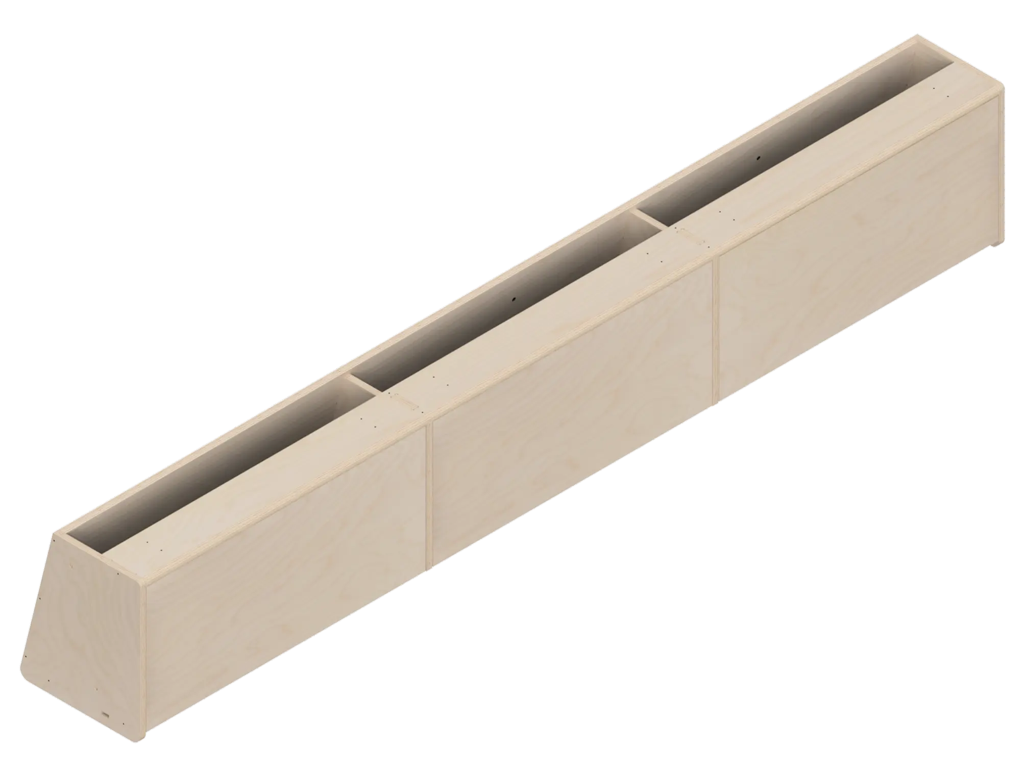 Isometric line drawing of The Vansmith DIY Front Upper Cabinet for Sprinter 170—a long, rectangular metal container with three dividers and a sloped end, featuring edge bolts—perfect for use with Baltic Birch Plywood in cabinetry projects.