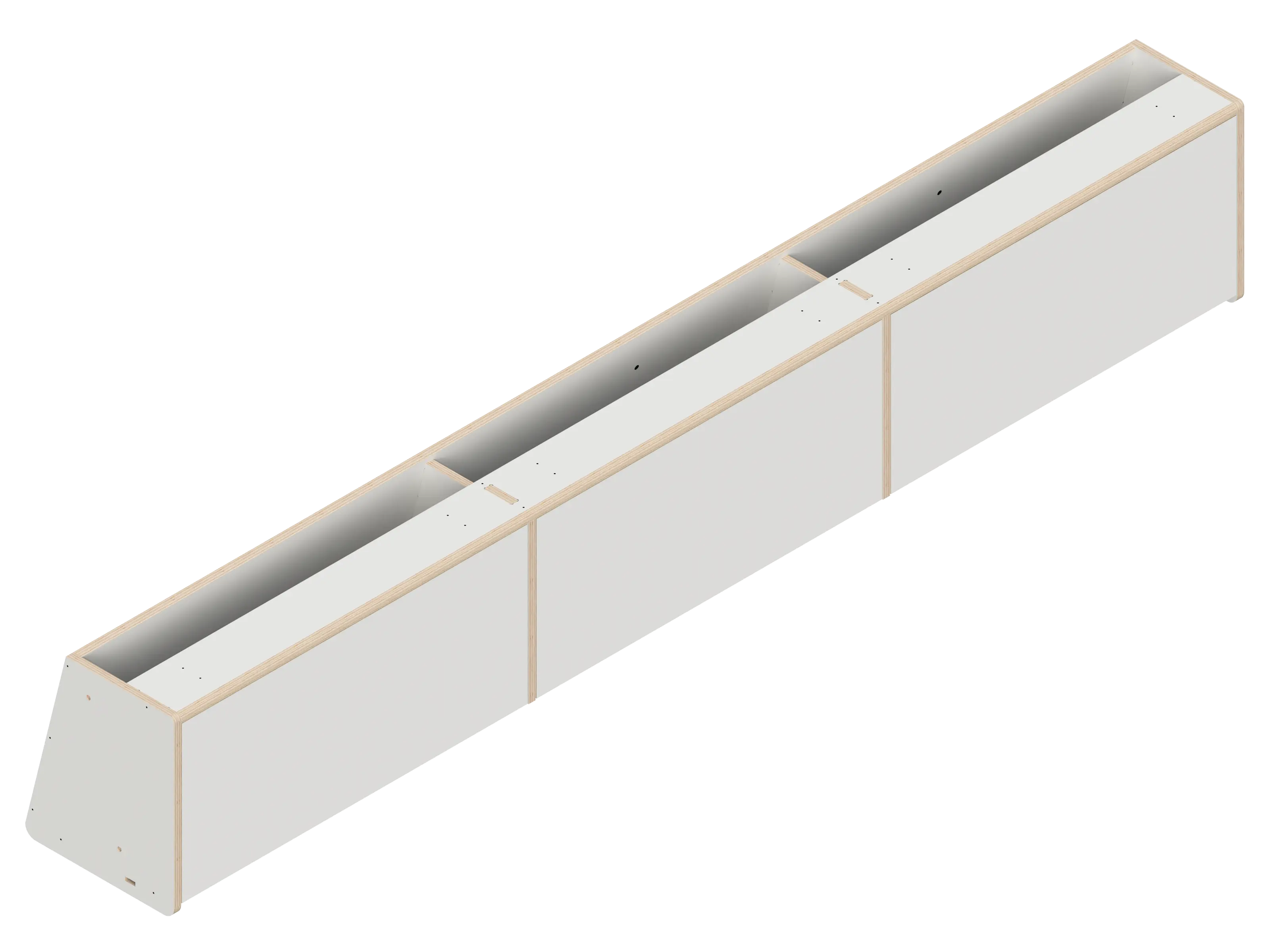 Isometric line drawing of The Vansmith DIY Front Upper Cabinet for Sprinter 170—a long, rectangular metal container with three dividers and a sloped end, featuring edge bolts—perfect for use with Baltic Birch Plywood in cabinetry projects.