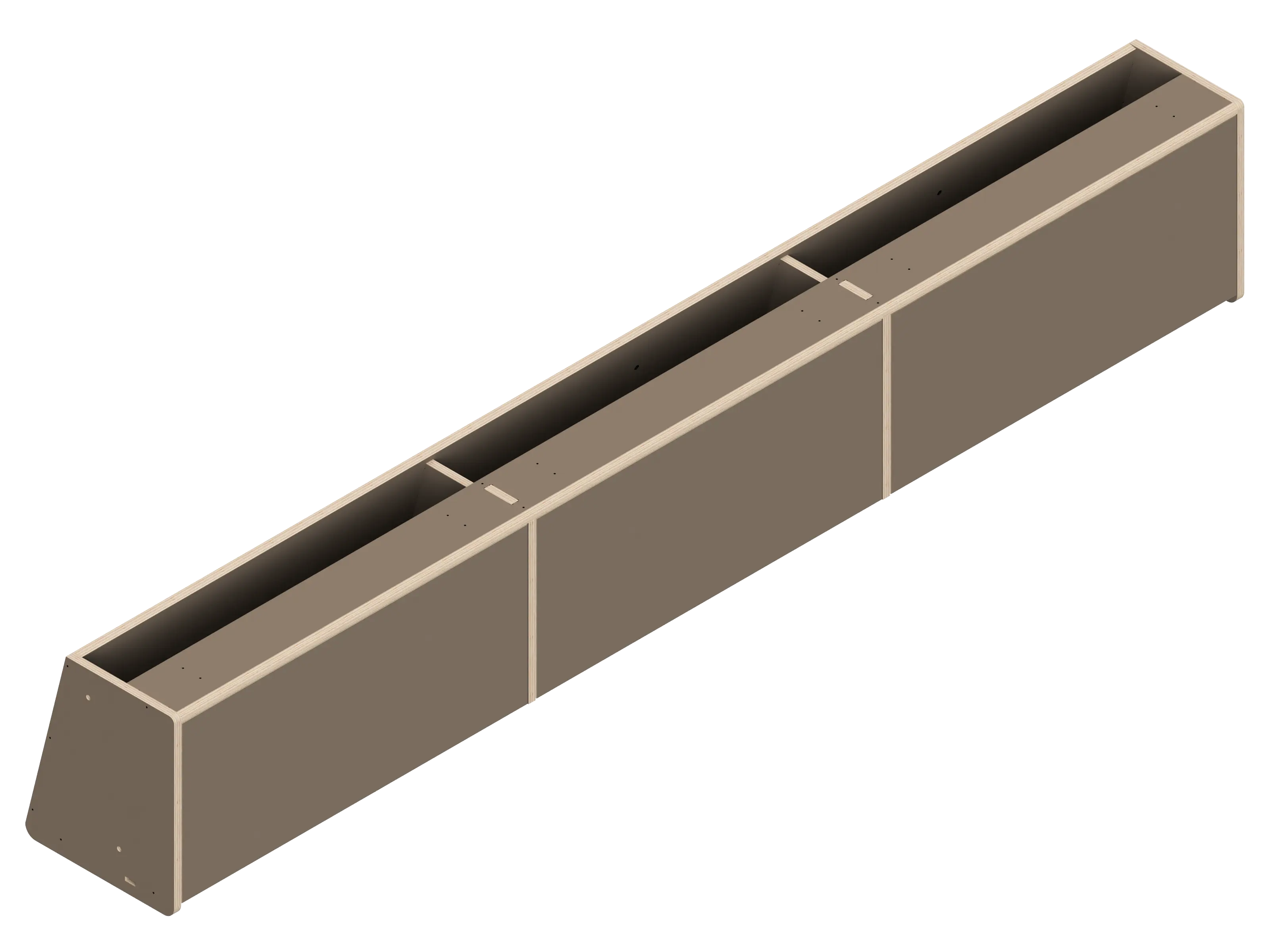 Isometric line drawing of The Vansmith DIY Front Upper Cabinet for Sprinter 170—a long, rectangular metal container with three dividers and a sloped end, featuring edge bolts—perfect for use with Baltic Birch Plywood in cabinetry projects.