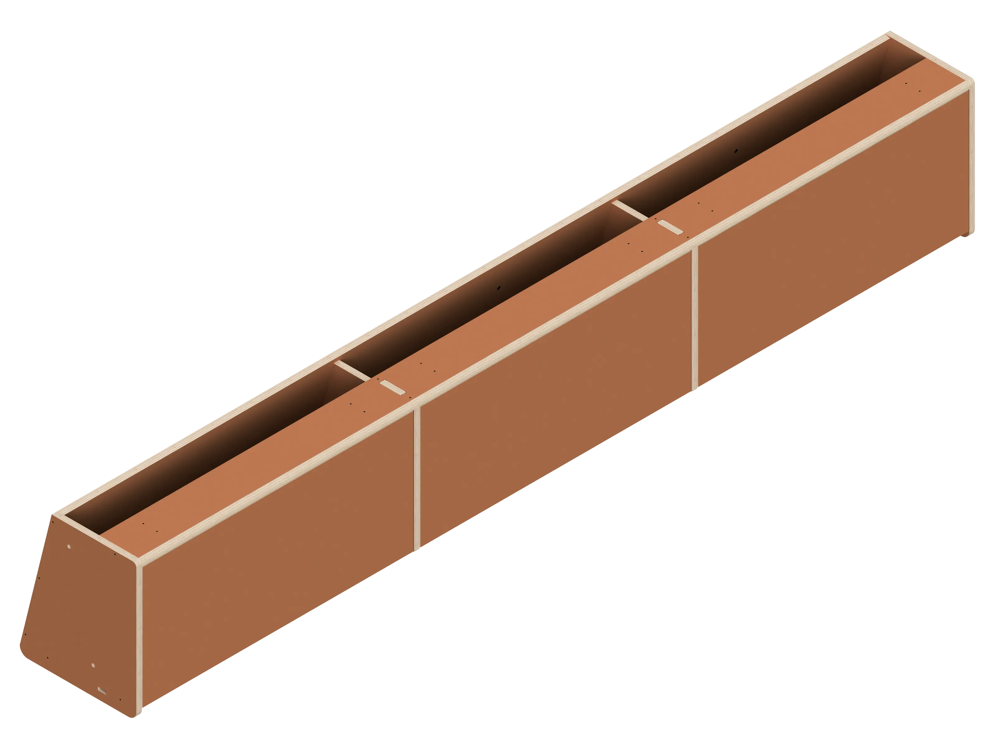 Isometric line drawing of The Vansmith DIY Front Upper Cabinet for Sprinter 170—a long, rectangular metal container with three dividers and a sloped end, featuring edge bolts—perfect for use with Baltic Birch Plywood in cabinetry projects.
