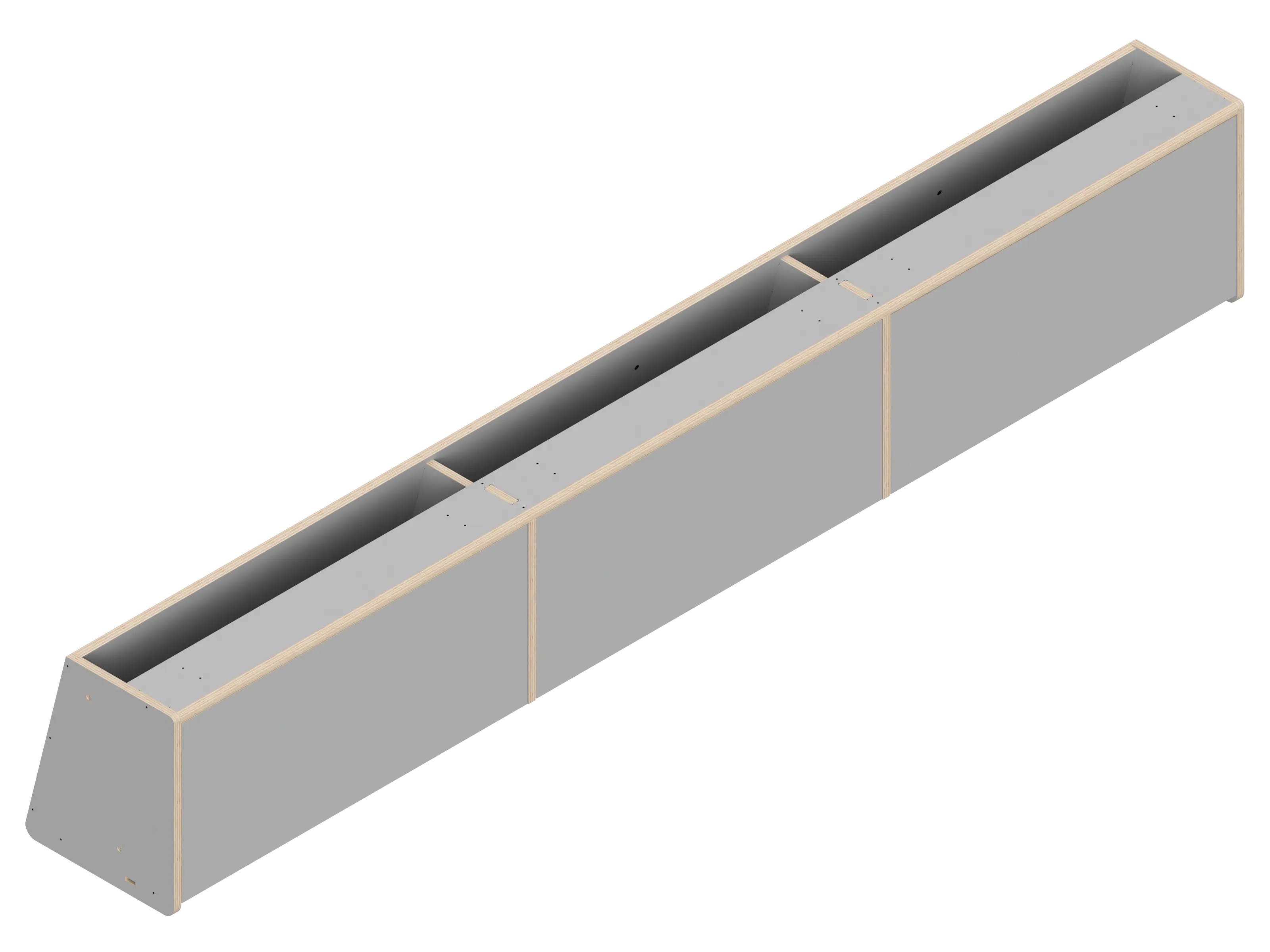 Isometric line drawing of The Vansmith DIY Front Upper Cabinet for Sprinter 170—a long, rectangular metal container with three dividers and a sloped end, featuring edge bolts—perfect for use with Baltic Birch Plywood in cabinetry projects.