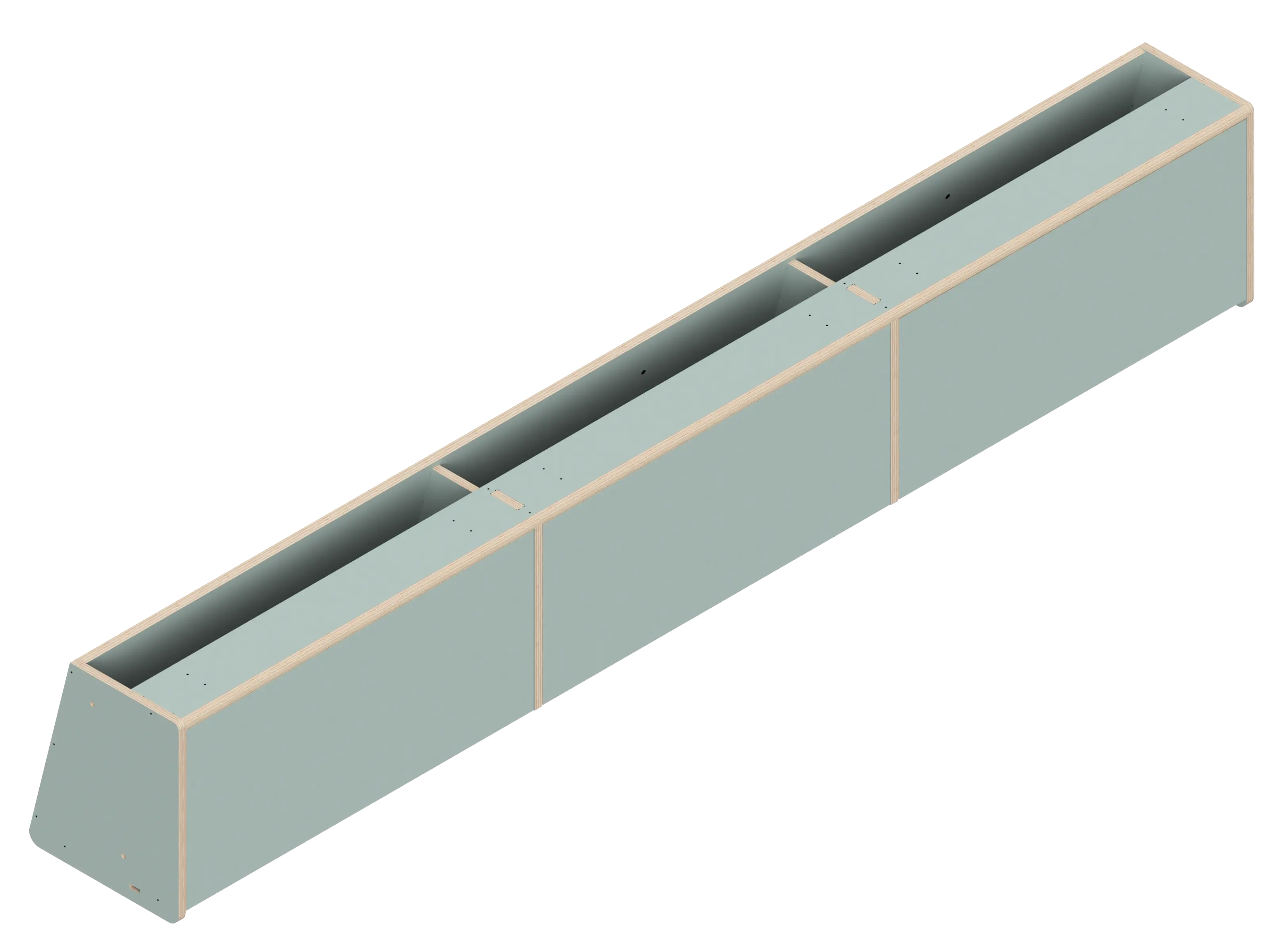 Isometric line drawing of The Vansmith DIY Front Upper Cabinet for Sprinter 170—a long, rectangular metal container with three dividers and a sloped end, featuring edge bolts—perfect for use with Baltic Birch Plywood in cabinetry projects.