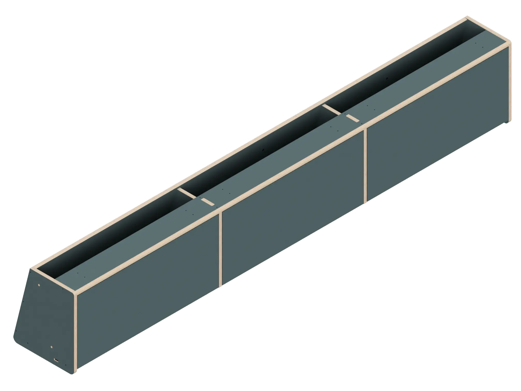 Isometric line drawing of The Vansmith DIY Front Upper Cabinet for Sprinter 170—a long, rectangular metal container with three dividers and a sloped end, featuring edge bolts—perfect for use with Baltic Birch Plywood in cabinetry projects.