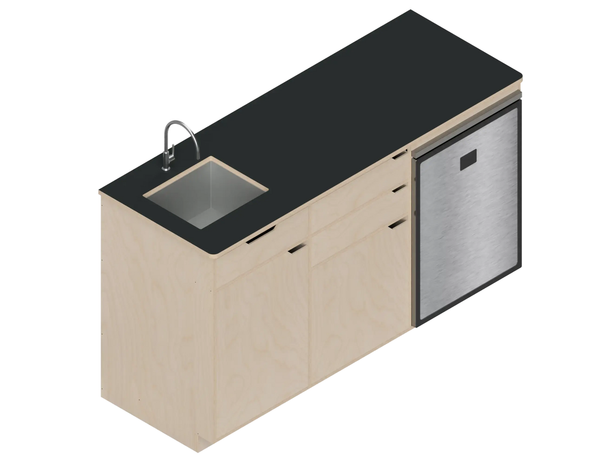 Isometric line drawing of The Vansmith DIY Three unit Kitchen Galley (CR130) base, featuring two pull-out drawers, a single-door section, an open storage area, and a countertop sink cutout.