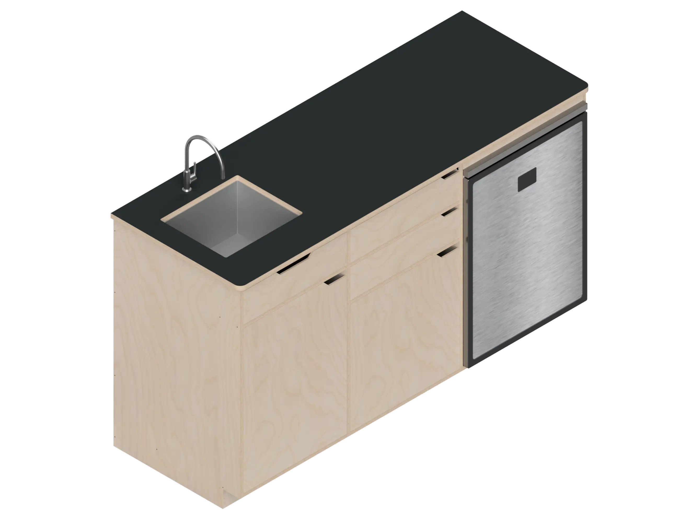 Isometric line drawing of The Vansmith DIY Three unit Kitchen Galley (CR130) base, featuring two pull-out drawers, a single-door section, an open storage area, and a countertop sink cutout.