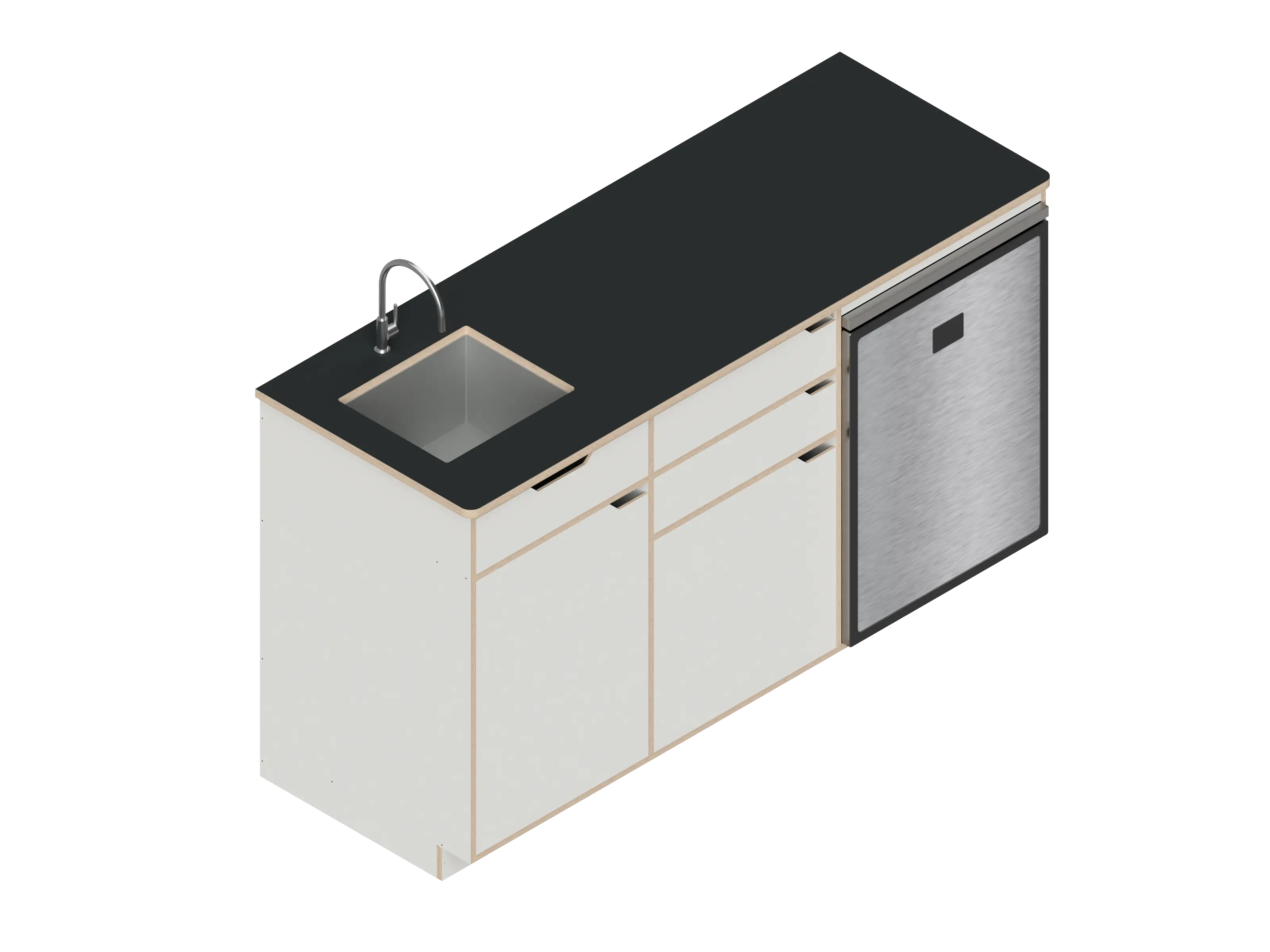 Isometric line drawing of The Vansmith DIY Three unit Kitchen Galley (CR130) base, featuring two pull-out drawers, a single-door section, an open storage area, and a countertop sink cutout.