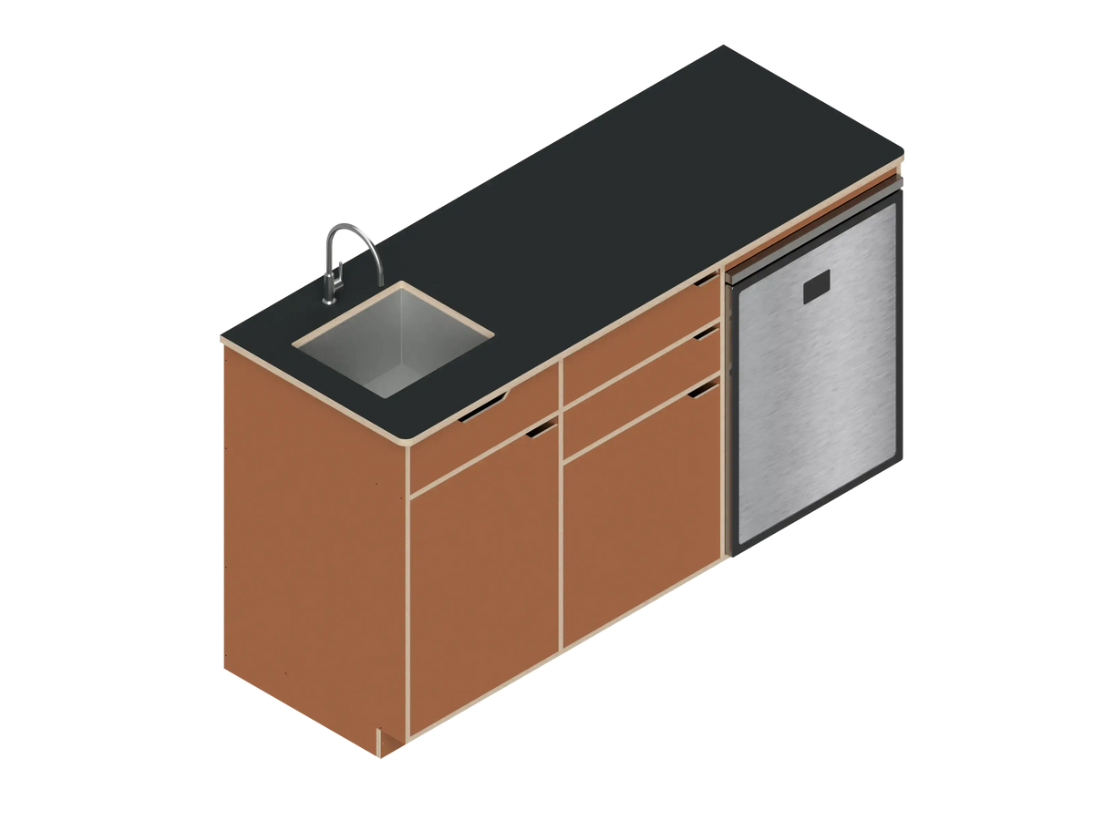 Isometric line drawing of The Vansmith DIY Three unit Kitchen Galley (CR130) base, featuring two pull-out drawers, a single-door section, an open storage area, and a countertop sink cutout.