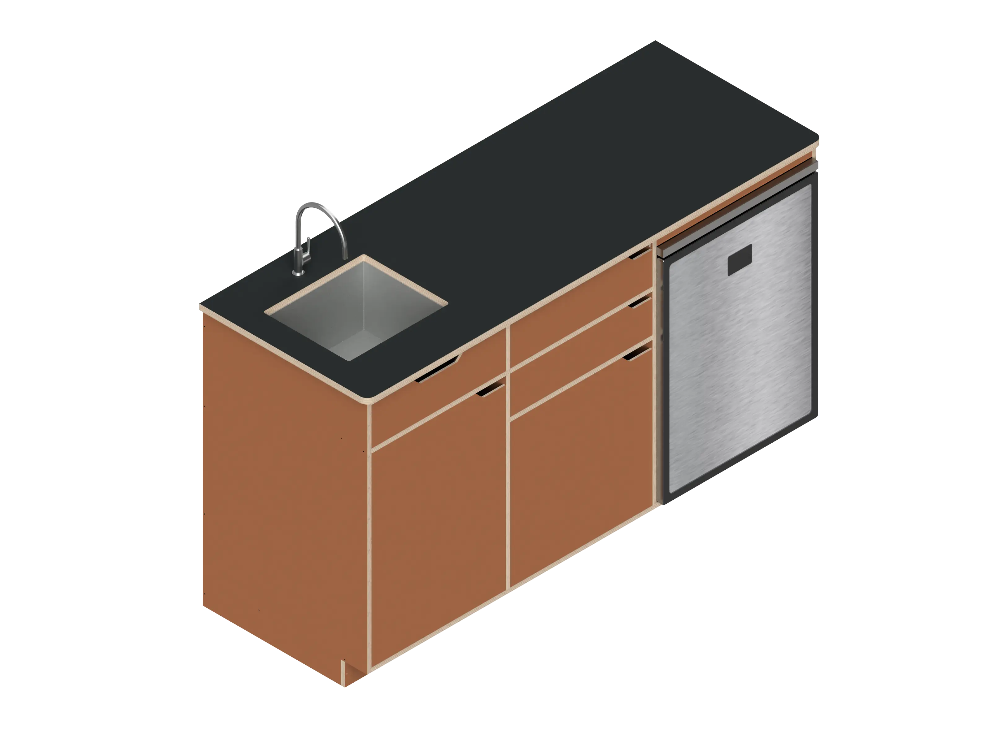 Isometric line drawing of The Vansmith DIY Three unit Kitchen Galley (CR130) base, featuring two pull-out drawers, a single-door section, an open storage area, and a countertop sink cutout.
