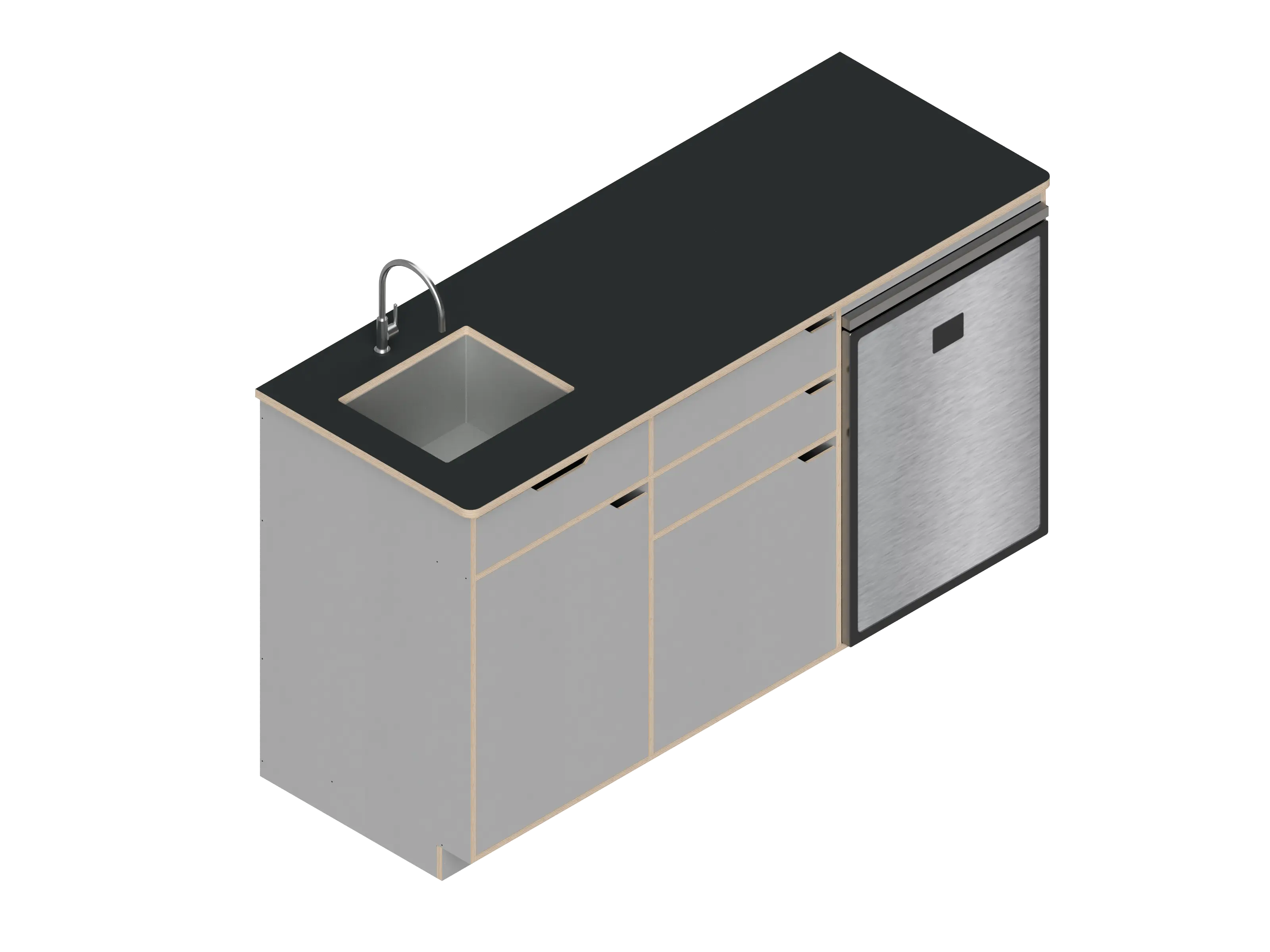 Isometric line drawing of The Vansmith DIY Three unit Kitchen Galley (CR130) base, featuring two pull-out drawers, a single-door section, an open storage area, and a countertop sink cutout.
