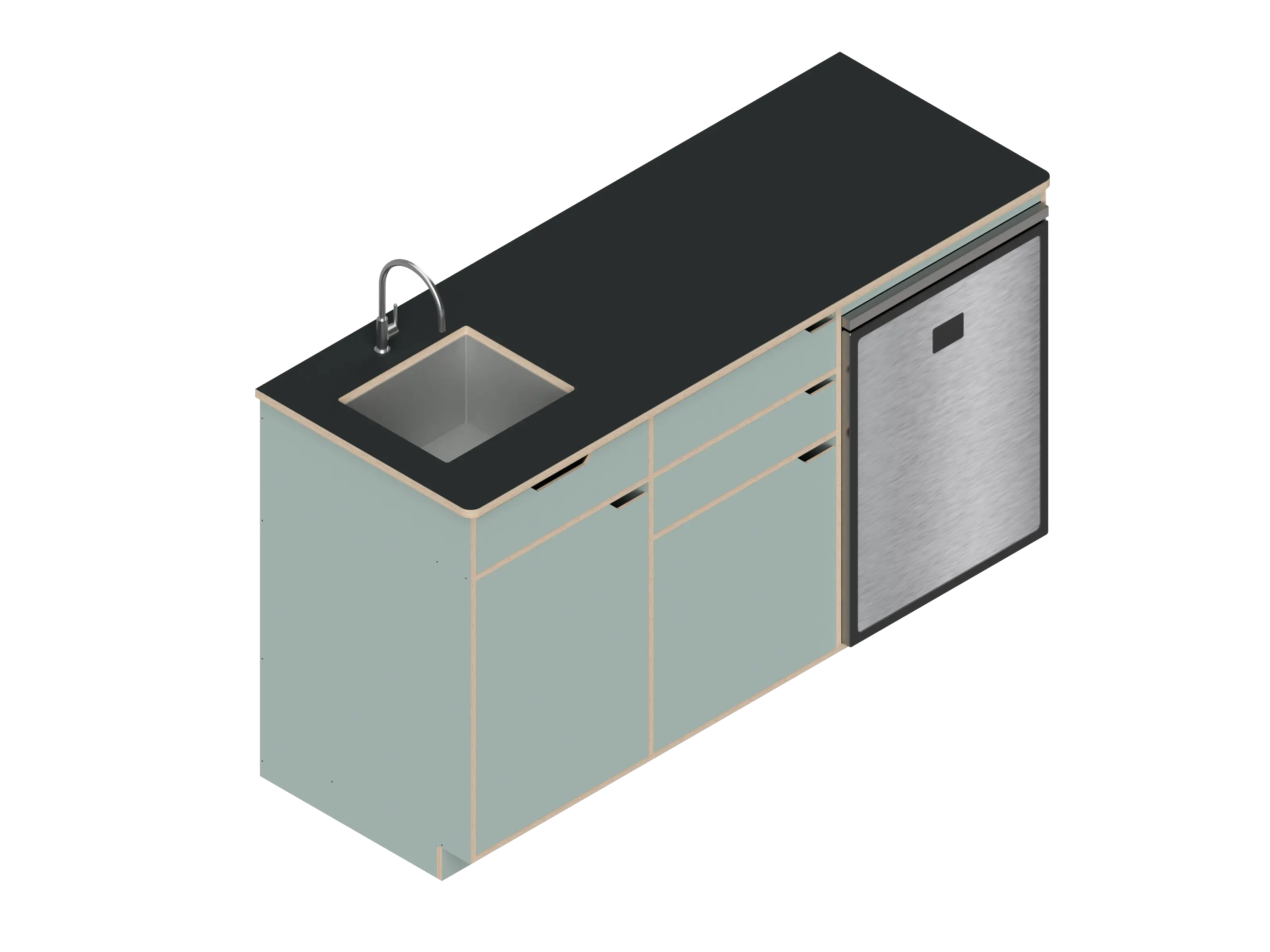Isometric line drawing of The Vansmith DIY Three unit Kitchen Galley (CR130) base, featuring two pull-out drawers, a single-door section, an open storage area, and a countertop sink cutout.