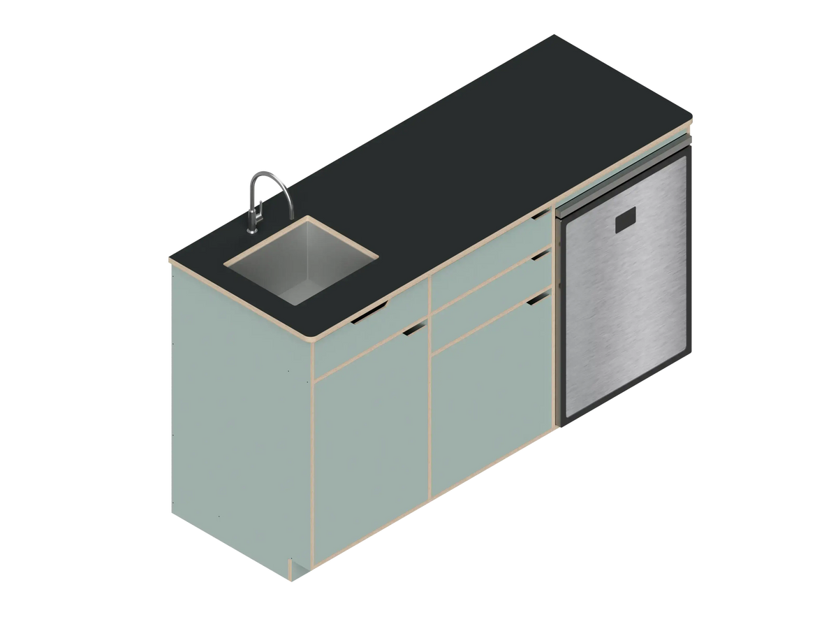 Isometric line drawing of The Vansmith DIY Three unit Kitchen Galley (CR130) base, featuring two pull-out drawers, a single-door section, an open storage area, and a countertop sink cutout.