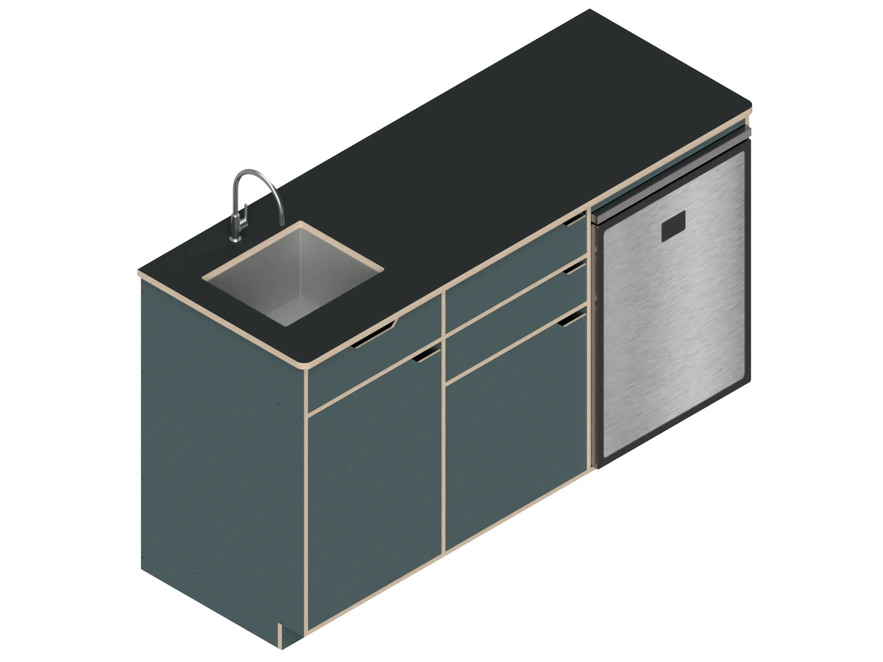Isometric line drawing of The Vansmith DIY Three unit Kitchen Galley (CR130) base, featuring two pull-out drawers, a single-door section, an open storage area, and a countertop sink cutout.