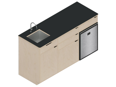 Isometric line drawing of The Vansmith DIY Three unit Kitchen Galley (CR85) base cabinet, featuring three compartments, two drawers, and open spaces for appliances or storage—shown without countertops or cabinet doors.