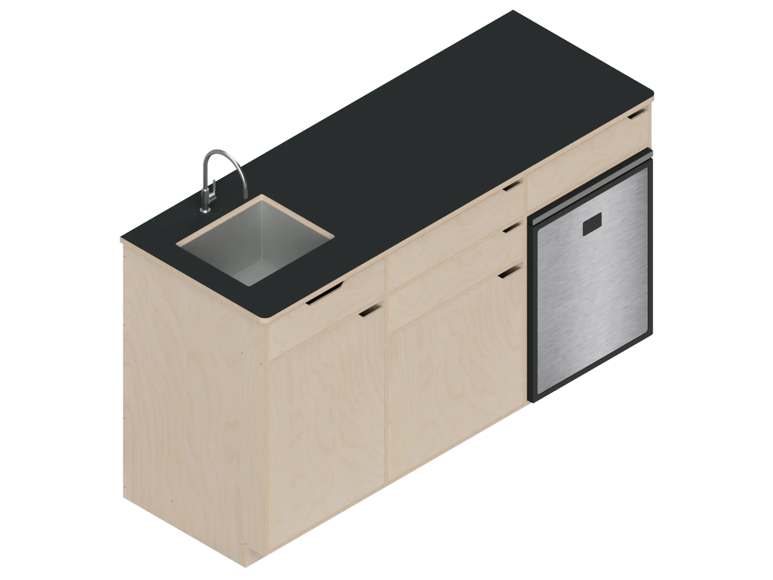 Isometric line drawing of The Vansmith DIY Three unit Kitchen Galley (CR85) base cabinet, featuring three compartments, two drawers, and open spaces for appliances or storage—shown without countertops or cabinet doors.