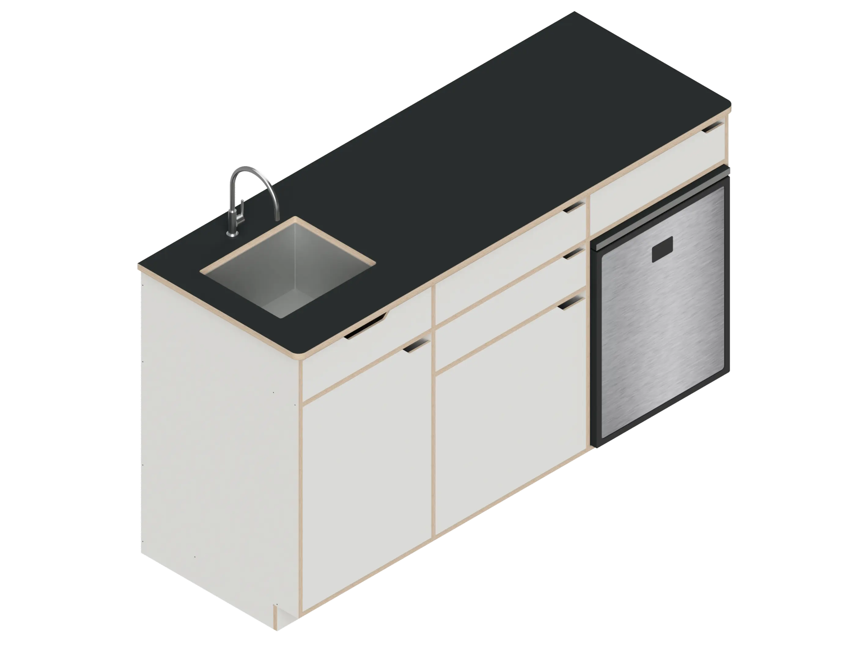 Isometric line drawing of The Vansmith DIY Three unit Kitchen Galley (CR85) base cabinet, featuring three compartments, two drawers, and open spaces for appliances or storage—shown without countertops or cabinet doors.