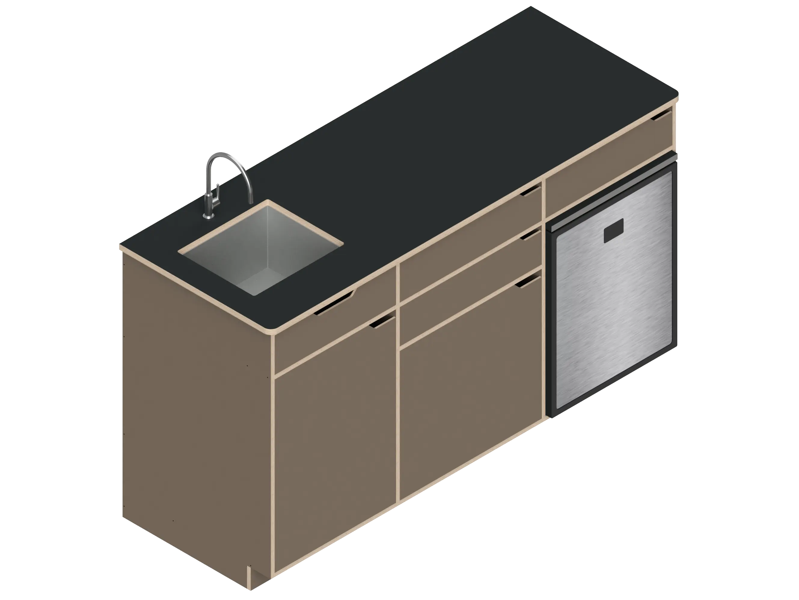 Isometric line drawing of The Vansmith DIY Three unit Kitchen Galley (CR85) base cabinet, featuring three compartments, two drawers, and open spaces for appliances or storage—shown without countertops or cabinet doors.
