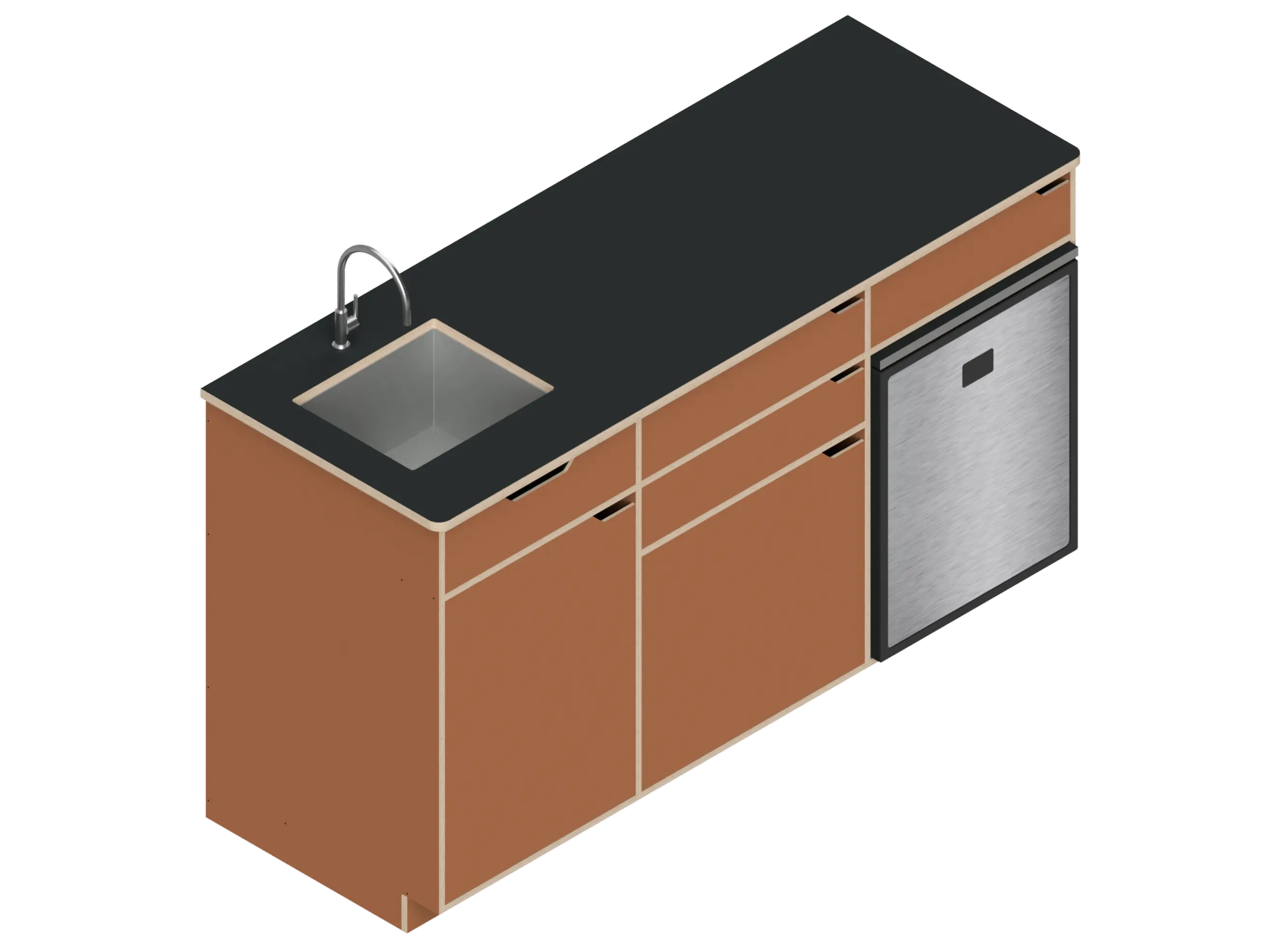 Isometric line drawing of The Vansmith DIY Three unit Kitchen Galley (CR85) base cabinet, featuring three compartments, two drawers, and open spaces for appliances or storage—shown without countertops or cabinet doors.