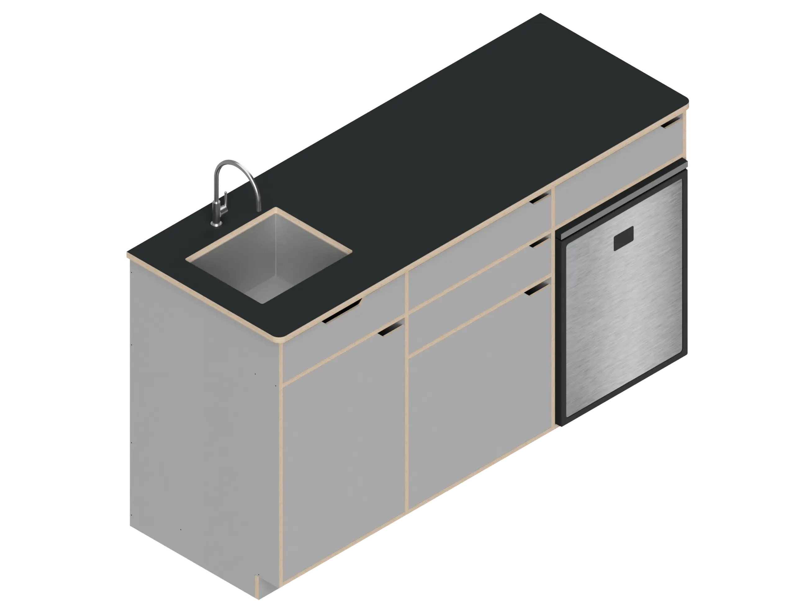 Isometric line drawing of The Vansmith DIY Three unit Kitchen Galley (CR85) base cabinet, featuring three compartments, two drawers, and open spaces for appliances or storage—shown without countertops or cabinet doors.