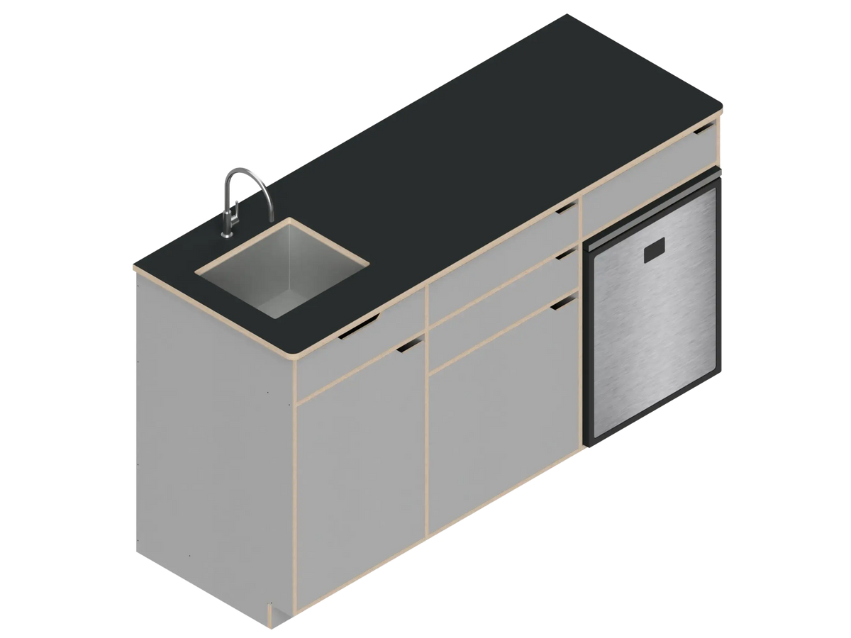 Isometric line drawing of The Vansmith DIY Three unit Kitchen Galley (CR85) base cabinet, featuring three compartments, two drawers, and open spaces for appliances or storage—shown without countertops or cabinet doors.