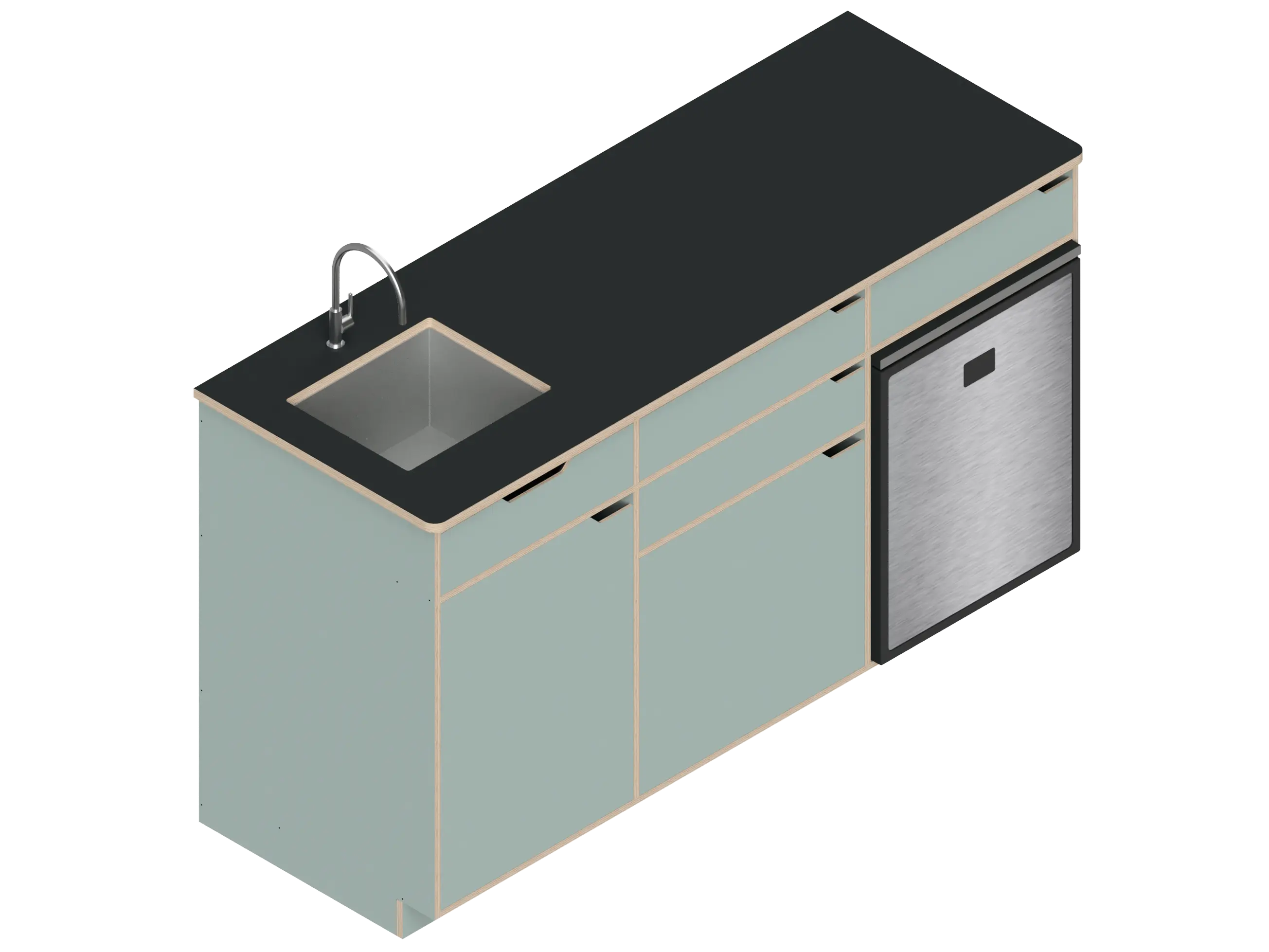 Isometric line drawing of The Vansmith DIY Three unit Kitchen Galley (CR85) base cabinet, featuring three compartments, two drawers, and open spaces for appliances or storage—shown without countertops or cabinet doors.