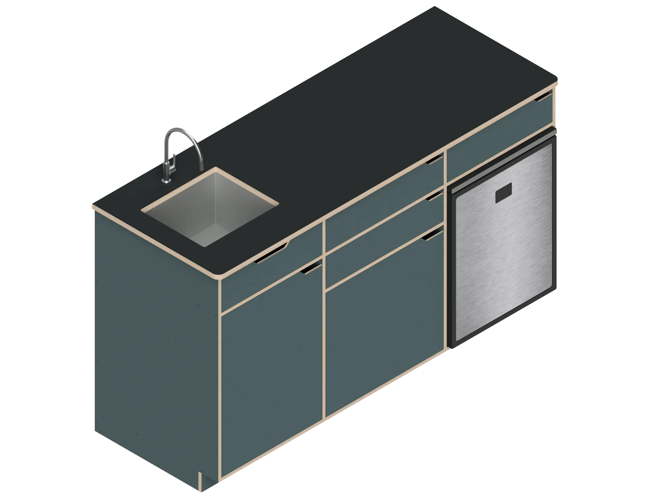 Isometric line drawing of The Vansmith DIY Three unit Kitchen Galley (CR85) base cabinet, featuring three compartments, two drawers, and open spaces for appliances or storage—shown without countertops or cabinet doors.