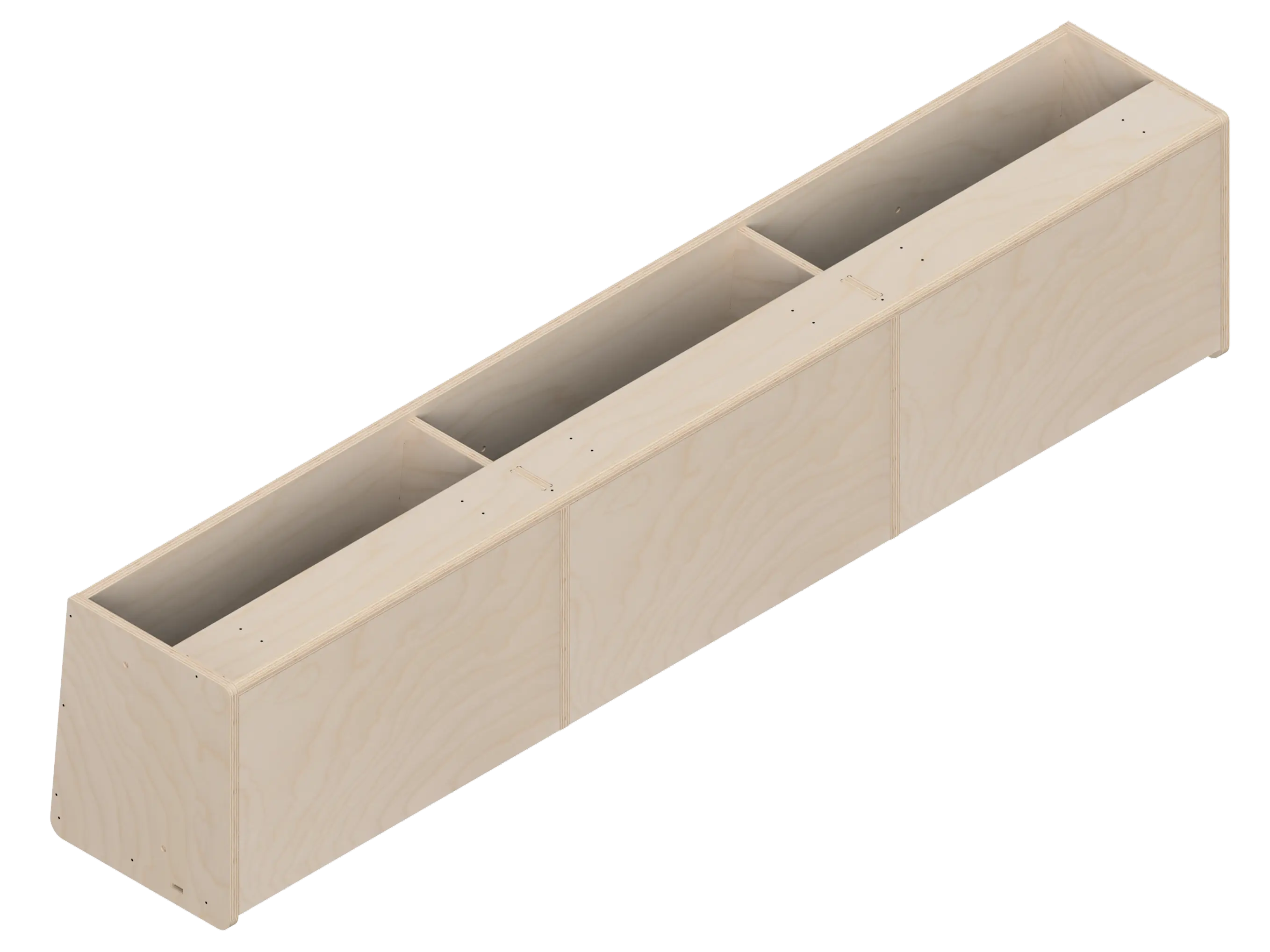 Isometric line drawing of The Vansmith DIY Front upper cabinet for Transit 148: a long, rectangular 60 unit with angled side panels, three sections divided by vertical supports, small holes on top edges, designed for soft-close hinges.