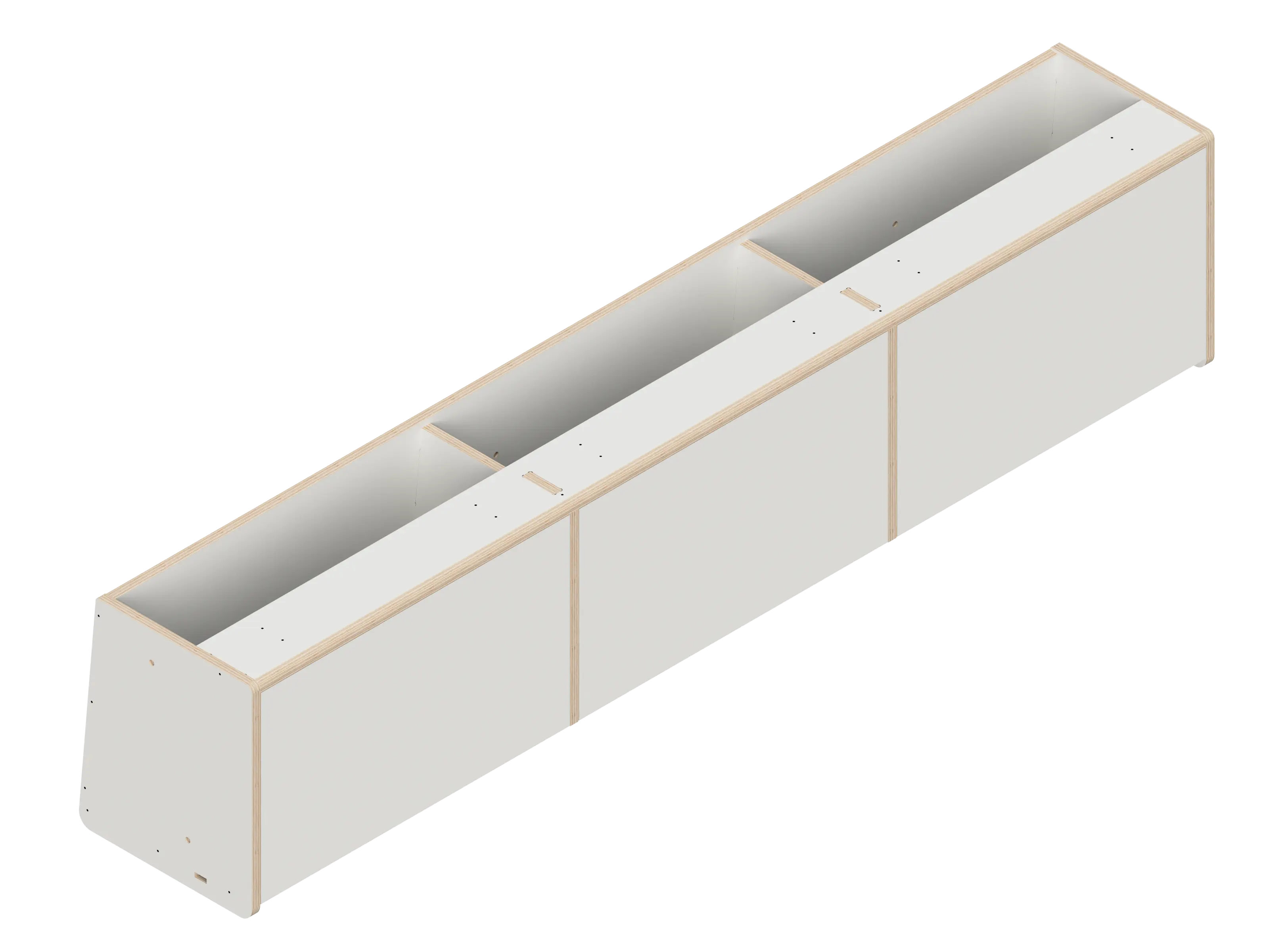 Isometric line drawing of The Vansmith DIY Front upper cabinet for Transit 148: a long, rectangular 60 unit with angled side panels, three sections divided by vertical supports, small holes on top edges, designed for soft-close hinges.