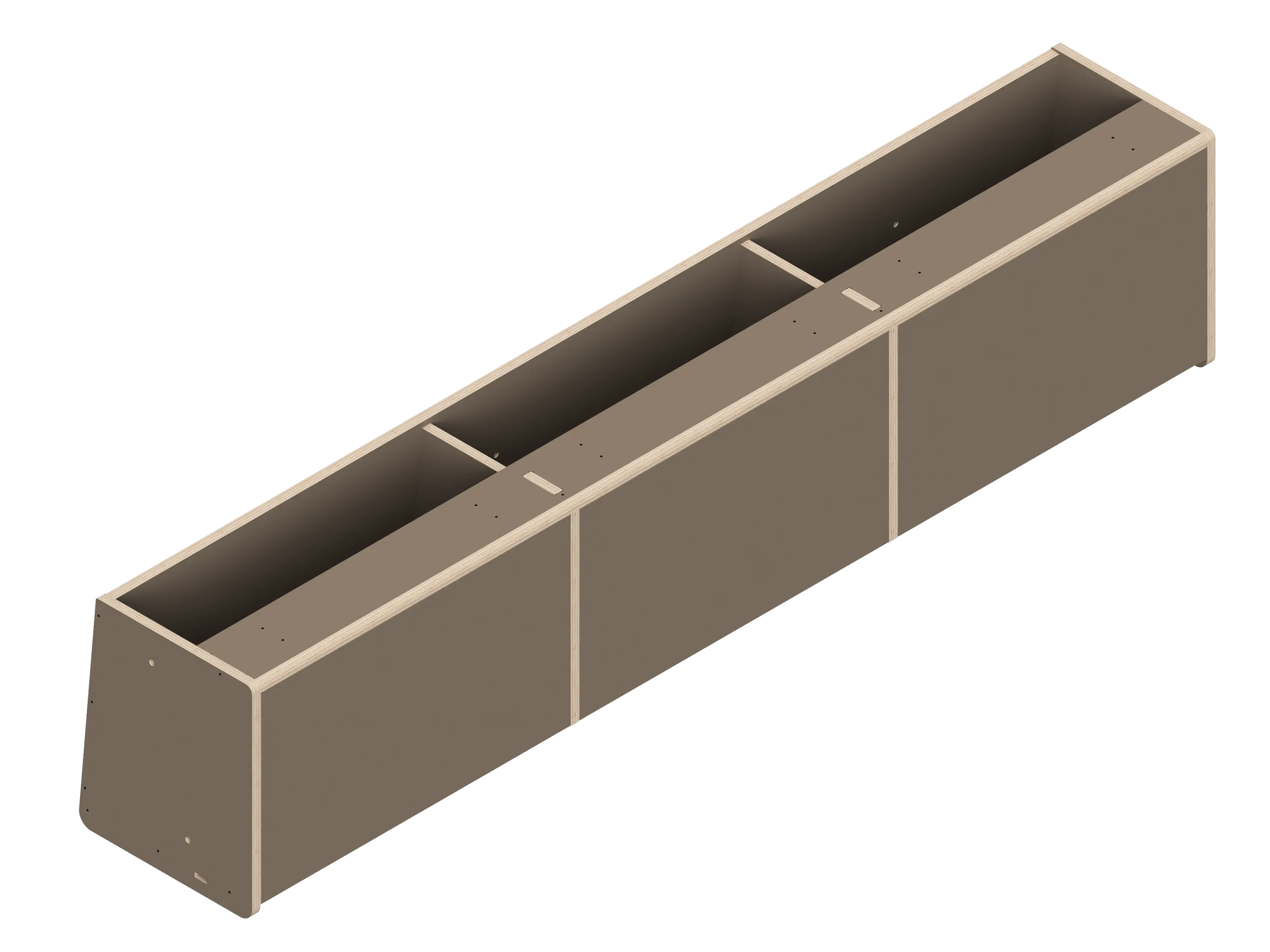Isometric line drawing of The Vansmith DIY Front upper cabinet for Transit 148: a long, rectangular 60 unit with angled side panels, three sections divided by vertical supports, small holes on top edges, designed for soft-close hinges.