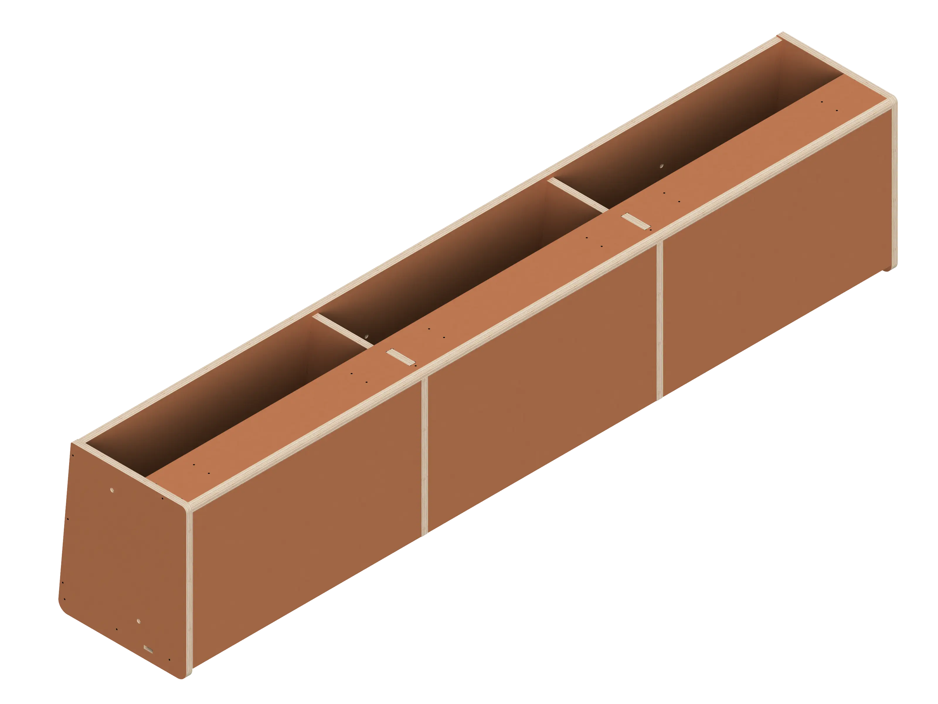 Isometric line drawing of The Vansmith DIY Front upper cabinet for Transit 148: a long, rectangular 60 unit with angled side panels, three sections divided by vertical supports, small holes on top edges, designed for soft-close hinges.
